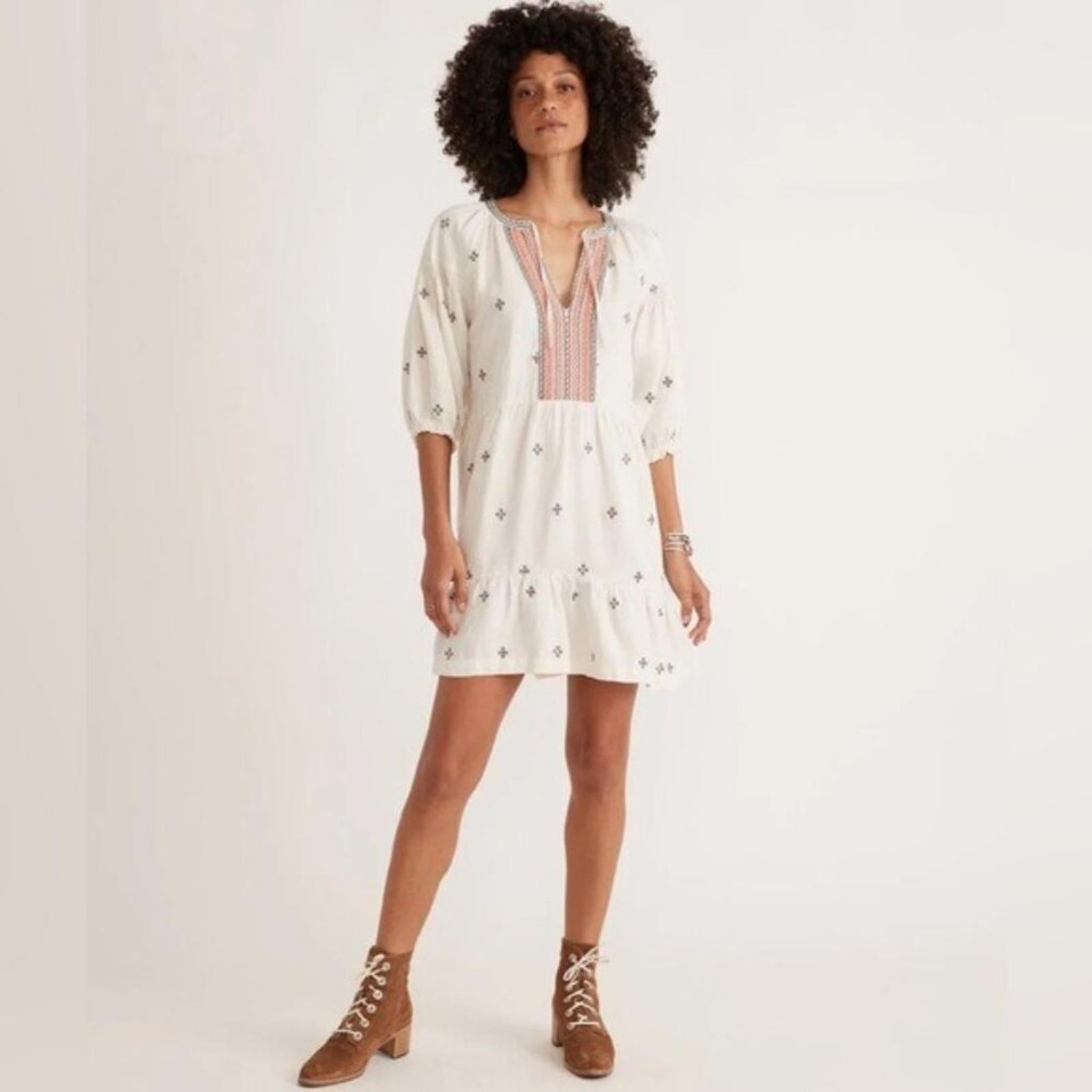Marine Layer Tiered Boho Embroidered Dress, Linen Blend Size L New w/Tag $158