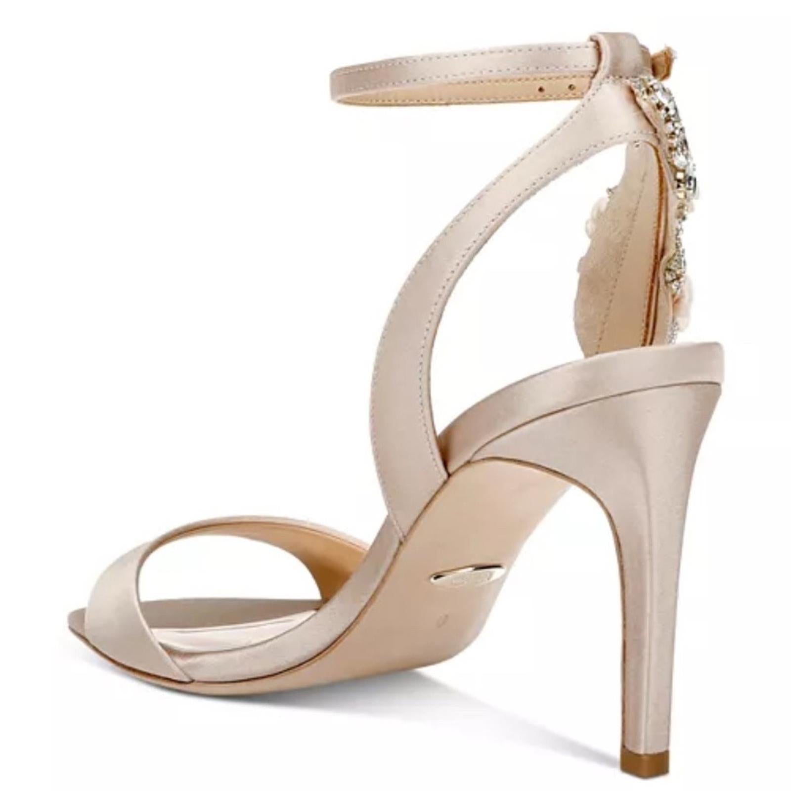 Badgley Mischka Tisha Embellished Heeled Sandals in Nude Satin, Size 8 NEW $245