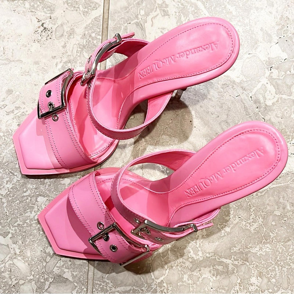 Alexander McQueen Double Buckle Punk Mule in Pink, Size 39 New w/DustBag $1050