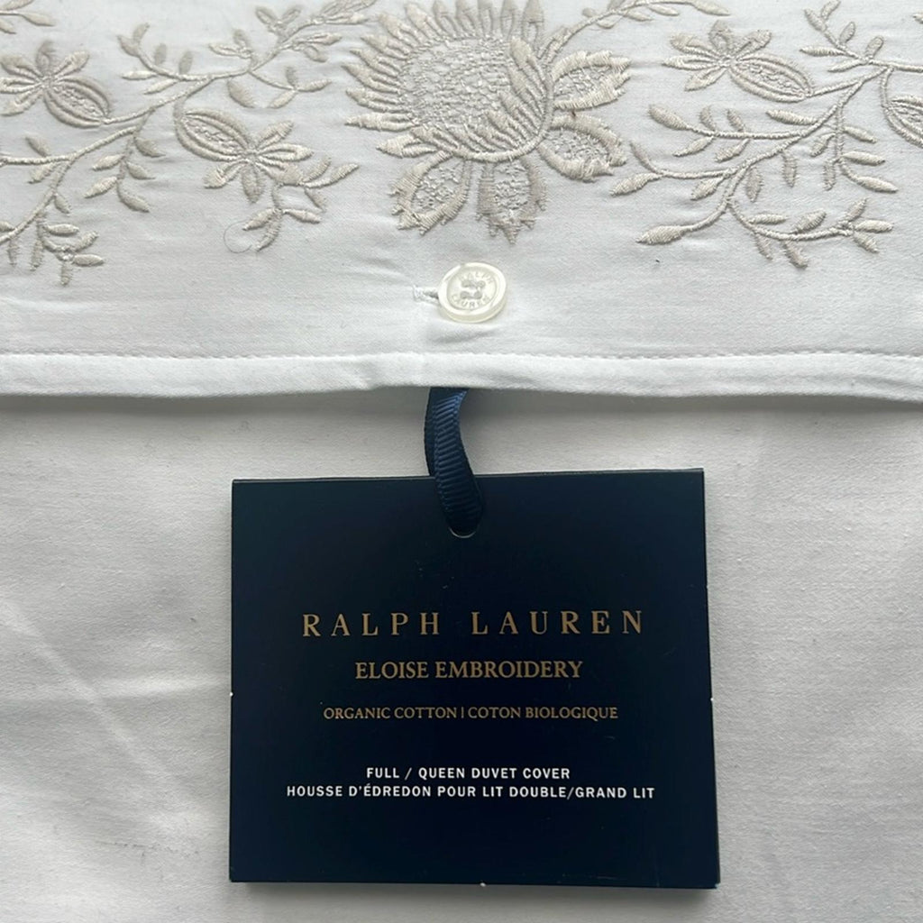 Ralph Lauren Eloise Embroidery Organic Cotton Duvet in Platinum Full/Queen NWT