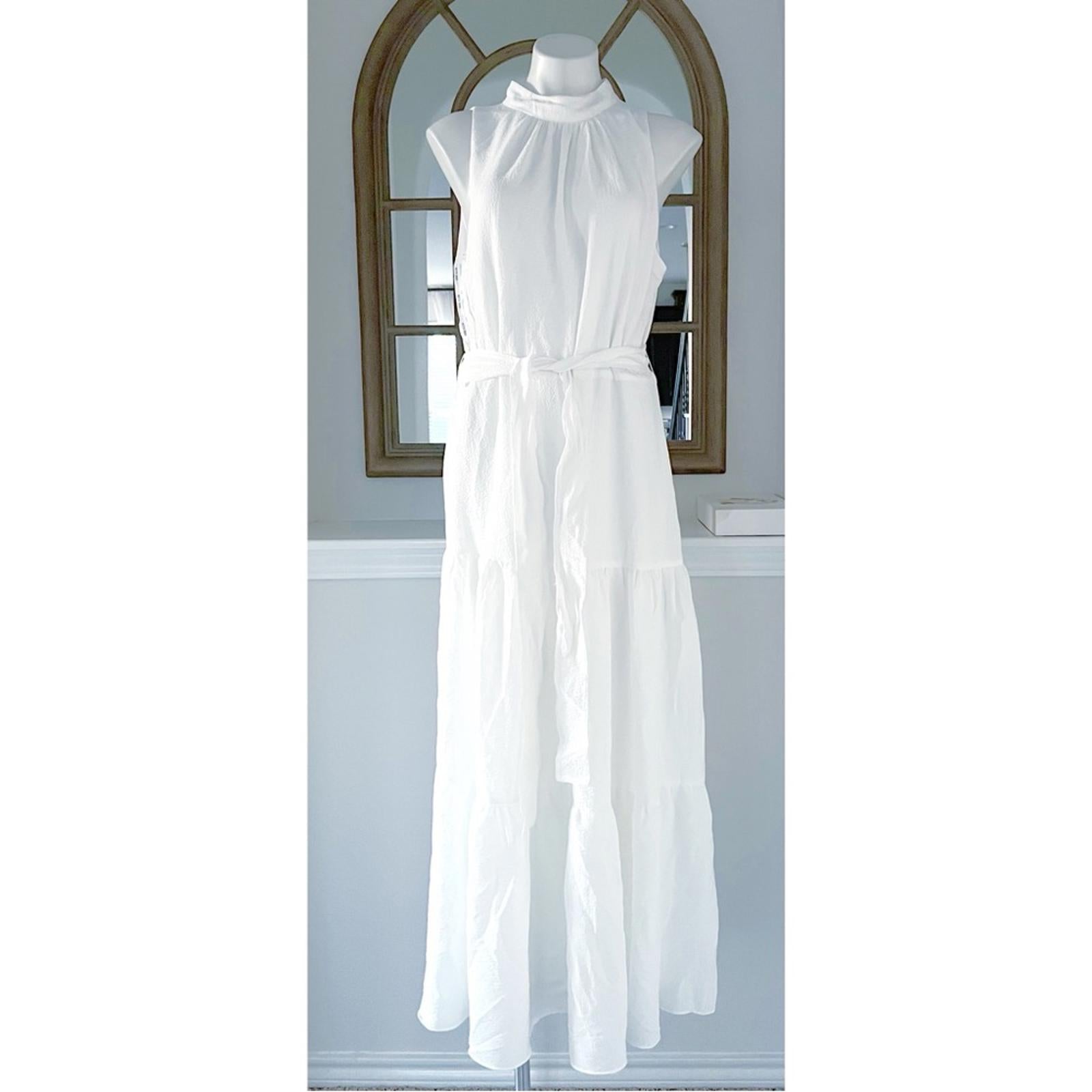 Anne Klein Tie-Neck Tiered Sleeveless Maxi Dress, Size 12 Bright White New w/Tag