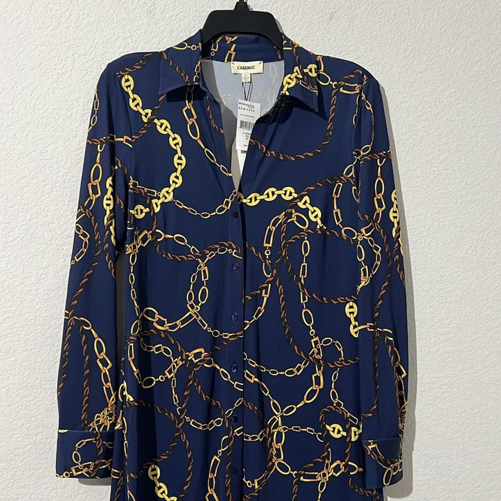 L’Agence Raelynn Shirt Dress in Indigo Gold, NWT, Size XS
