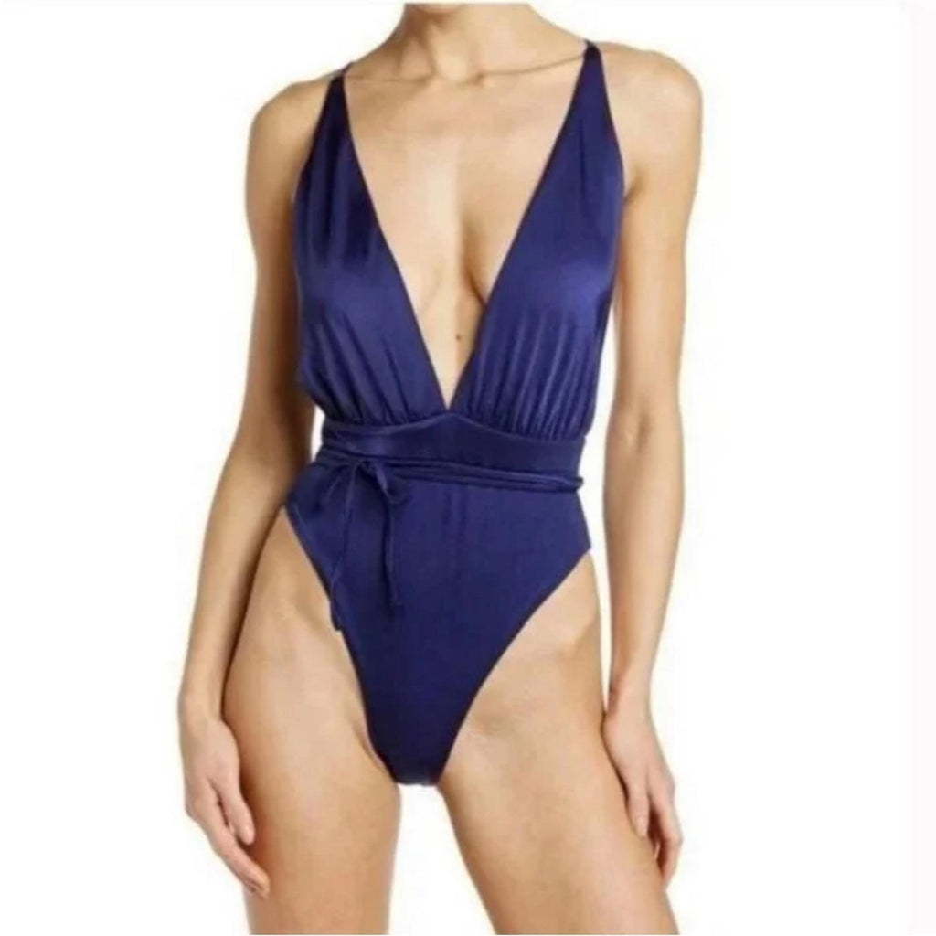 Maaji Safari Reversible Plunge One-Piece Swimsuit Stripe/Solid, Blue New w/Tag