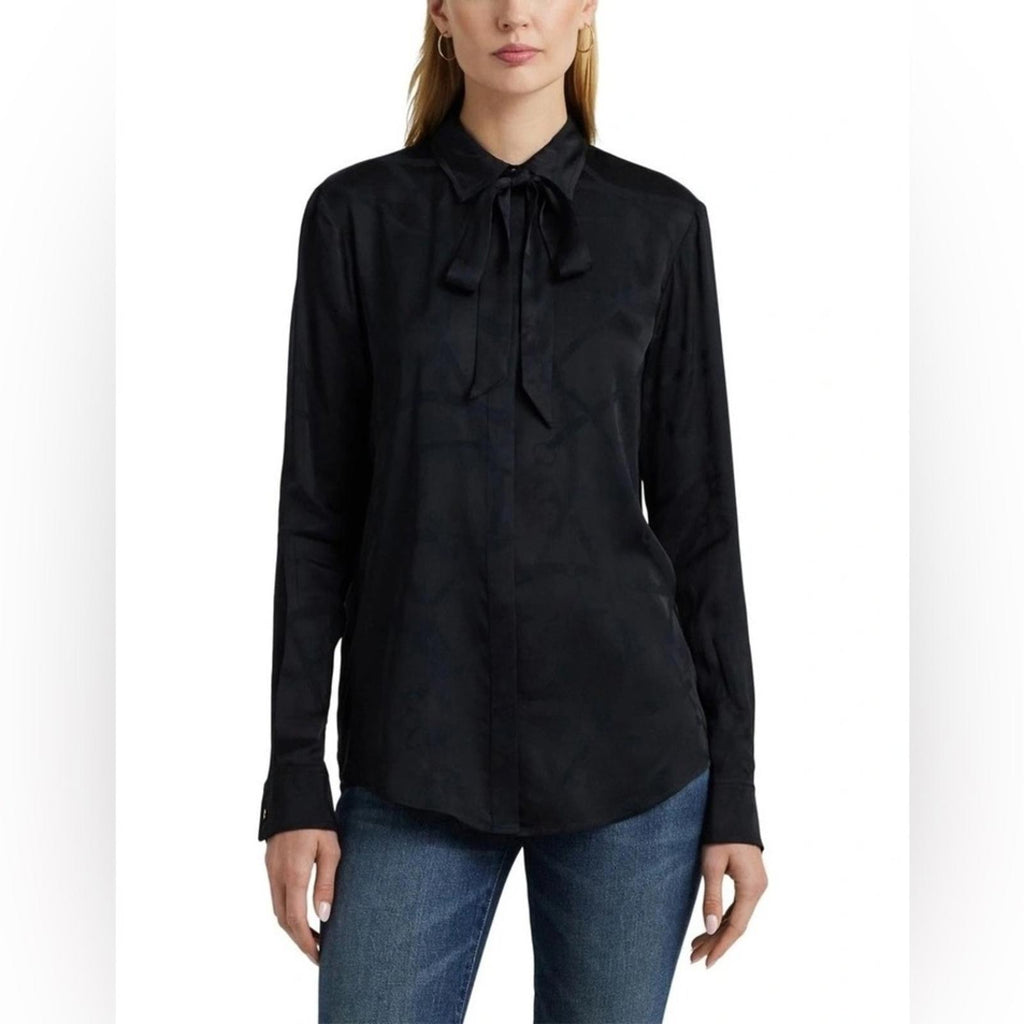 Lauren Ralph Lauren Belting-Motif Jacquard Tie-Neck Shirt Black Size XS NEW wTag
