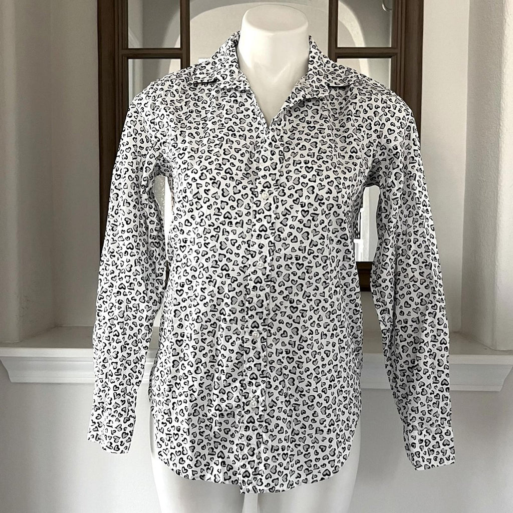 Frank & Eileen Shirt Heart Print Woven Button Up, White Grey Black Size XS NWT