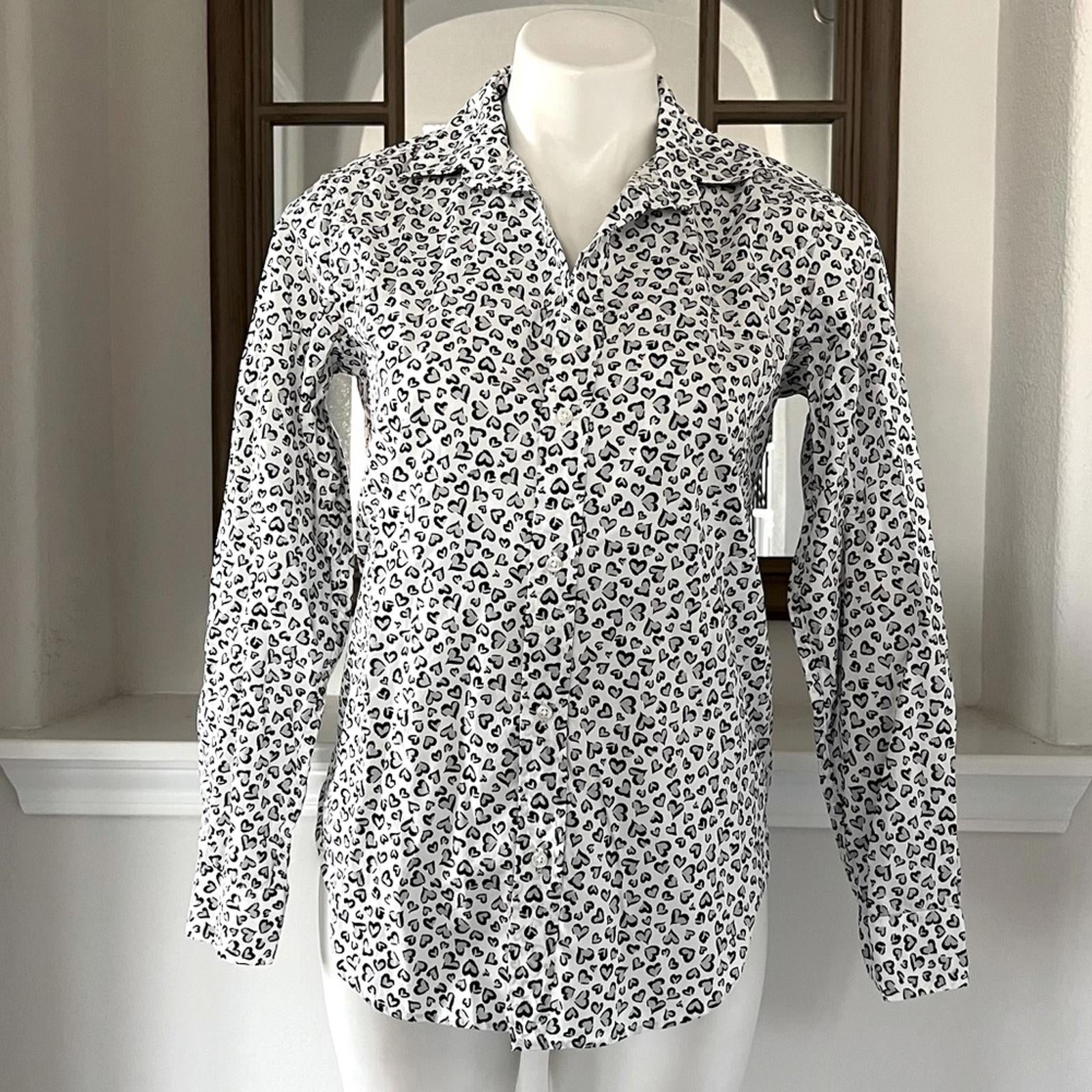 Frank & Eileen Shirt Heart Print Woven Button Up, White Grey Black Size XS NWT