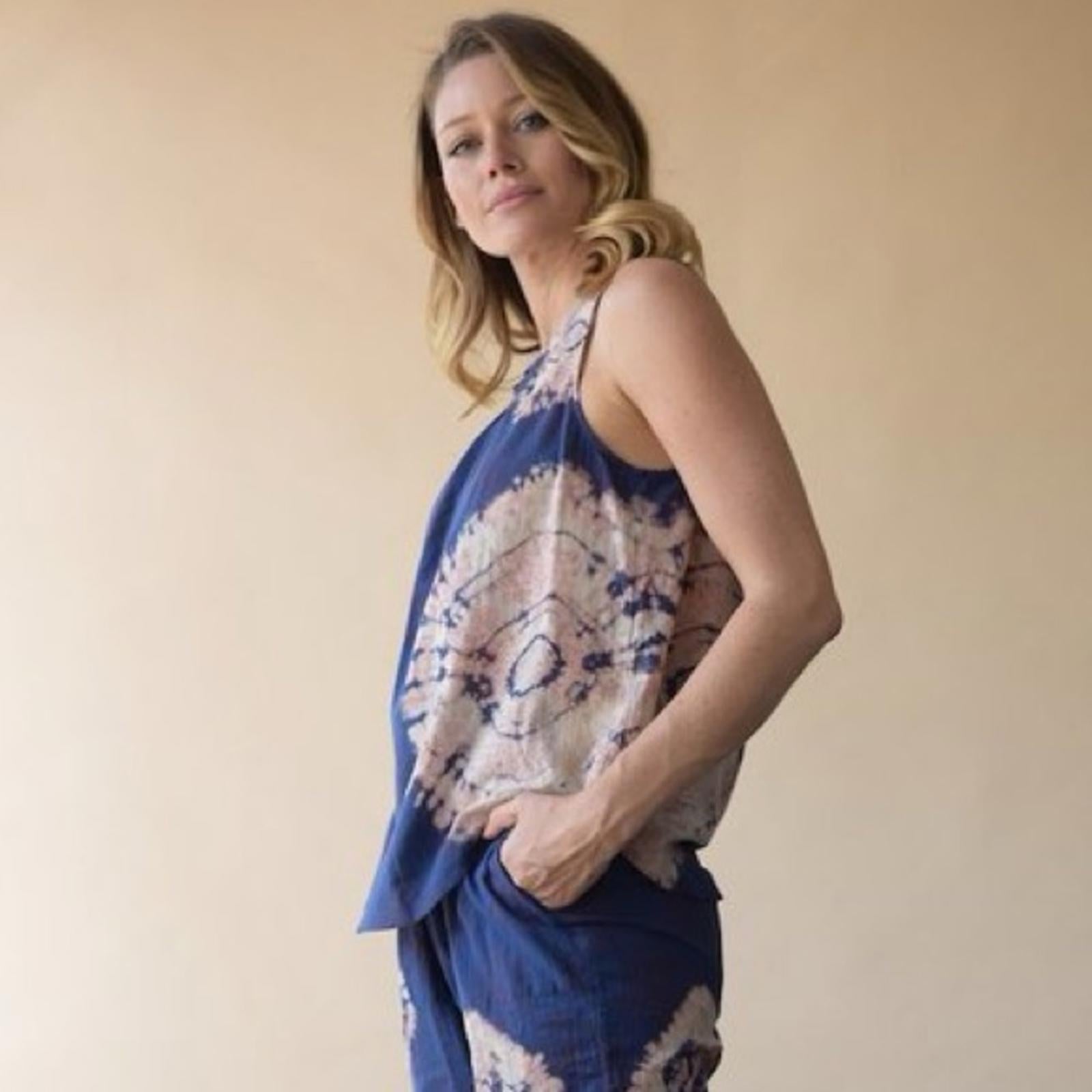 Raquel Allegra Voile Block Print Shirred Sleeveless Top, Blue/Red Size 0 $132.50