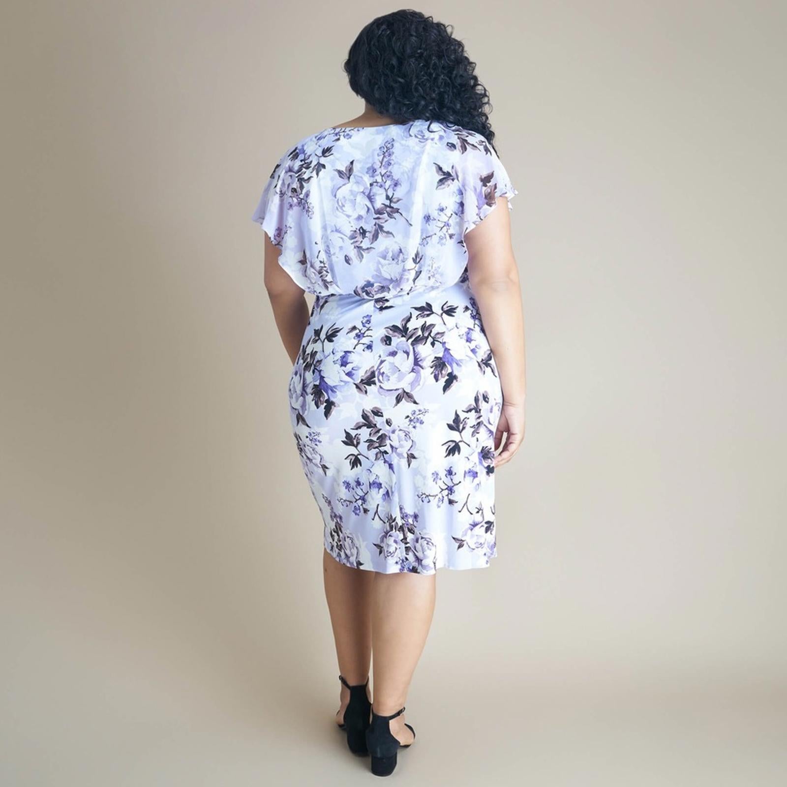 Connected Apparel Daphne Lavender Floral Chiffon Popover Dress, Petite Size 14