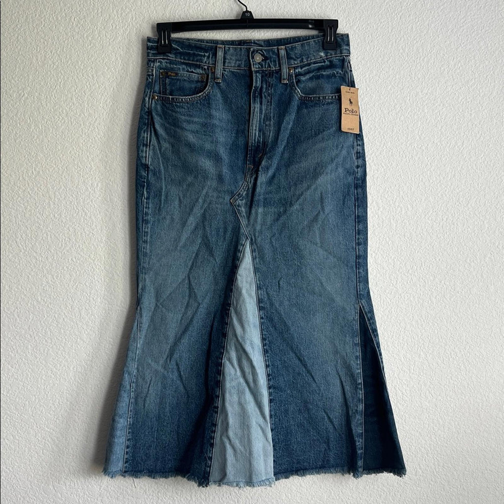 Polo Ralph Lauren Deconstructed Patchwork Denim Midi-Skirt in Blue, Size 28, NEW