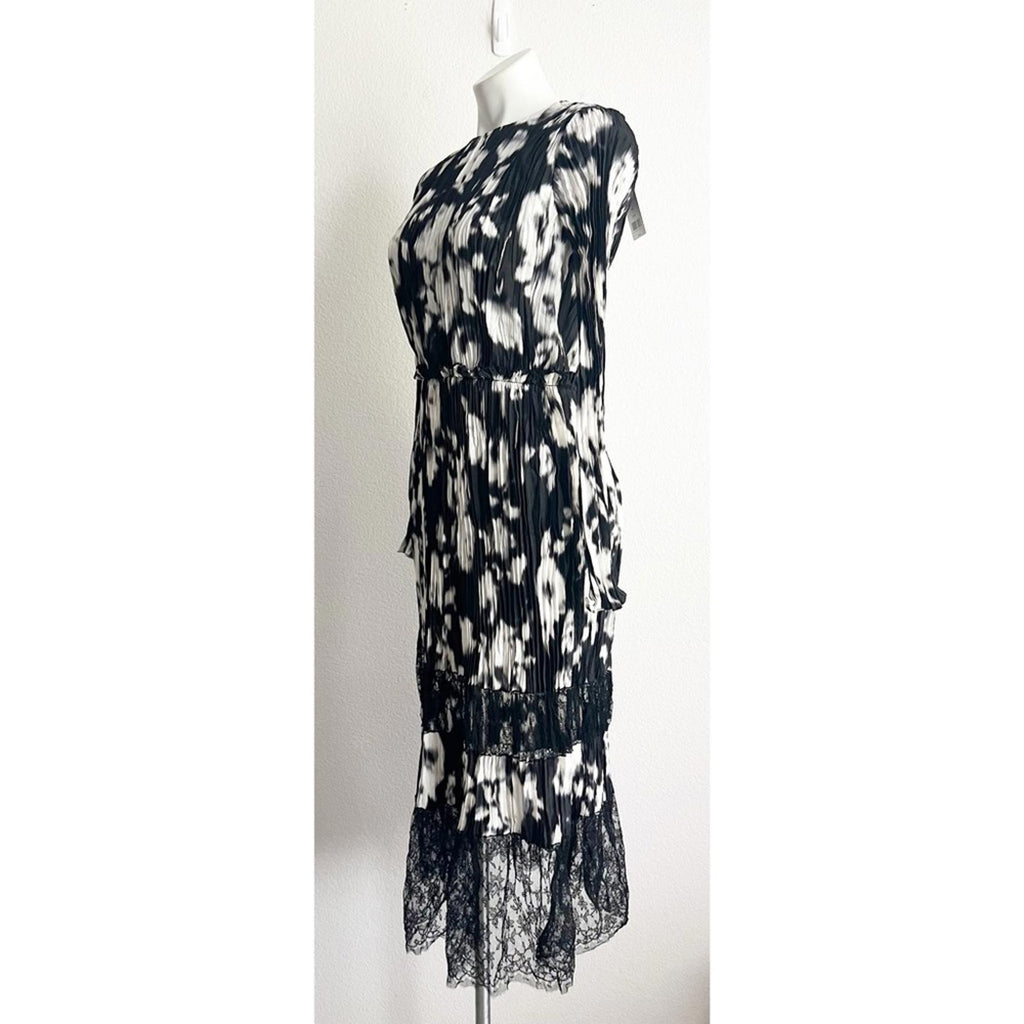 Jason Wu Collection Lace-Paneled Floral Plissé Silk-Satin Midi Dress, NWT, Size4