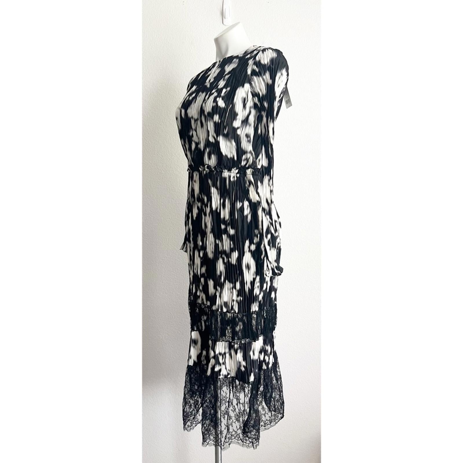 Jason Wu Collection Lace-Paneled Floral Plissé Silk-Satin Midi Dress, NWT, Size4