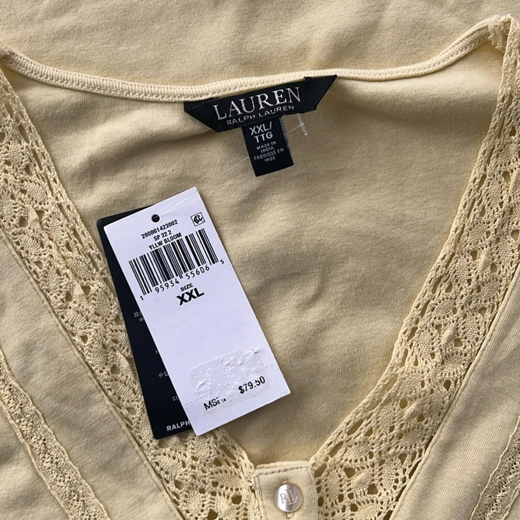 Ralph Lauren Lace-Trim Henley Top, Yellow Bloom Size XXL New w/Tag