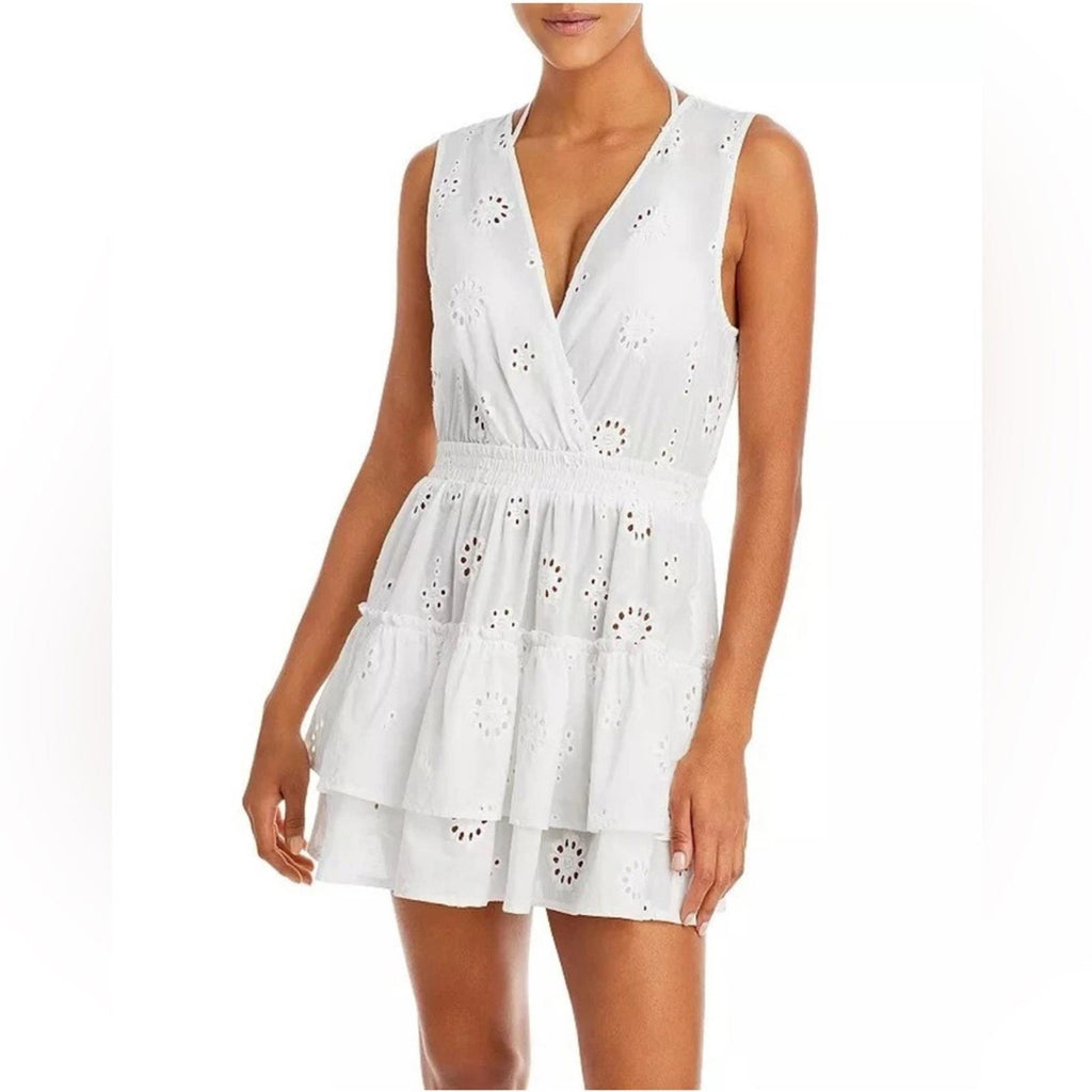 Aqua Eyelet Tiered Swim Cover-Up Dress in Ivory/White Size XL NWT
