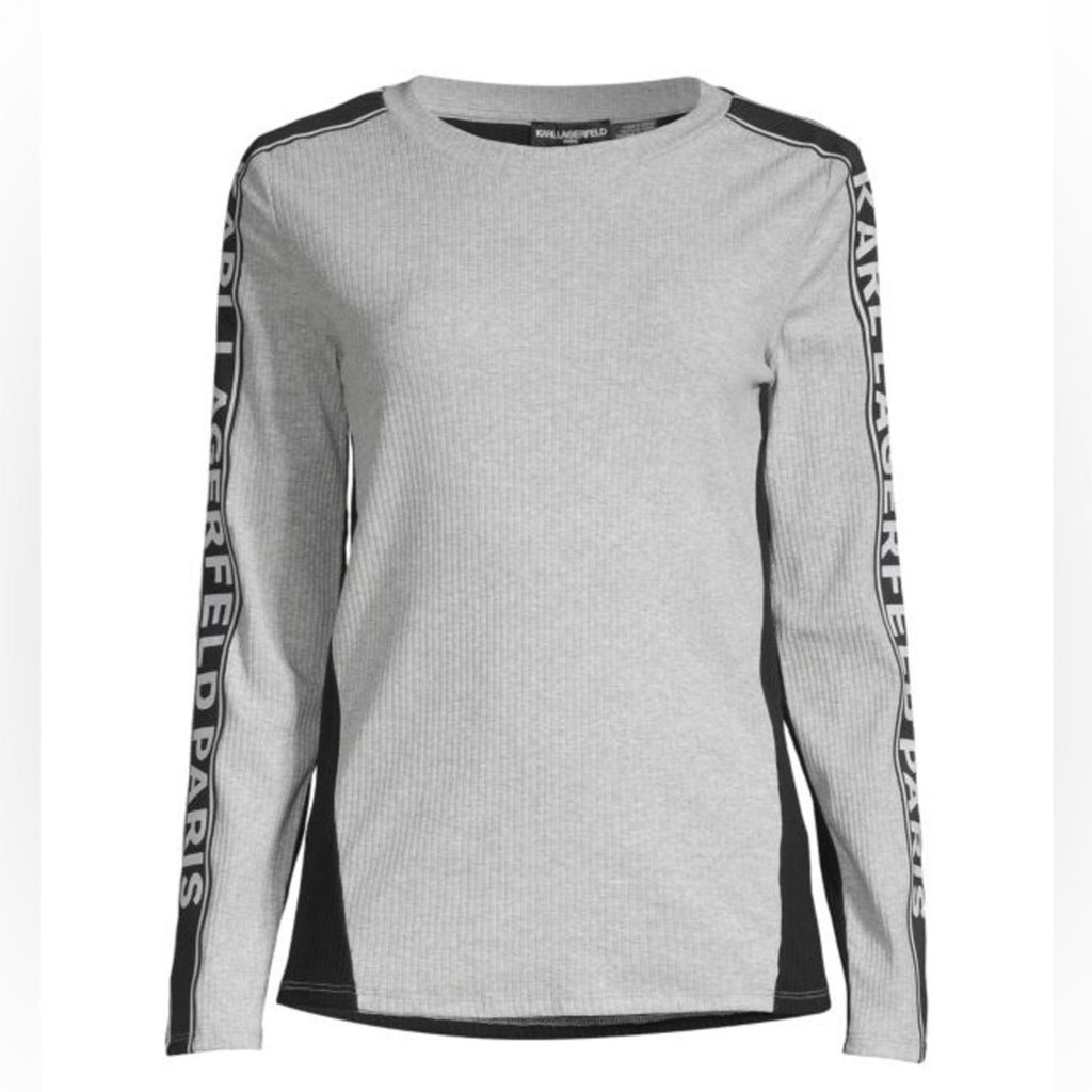 Karl Lagerfeld Paris Logo Tape Long Sleeve Tee, Grey Size S New w/Tag