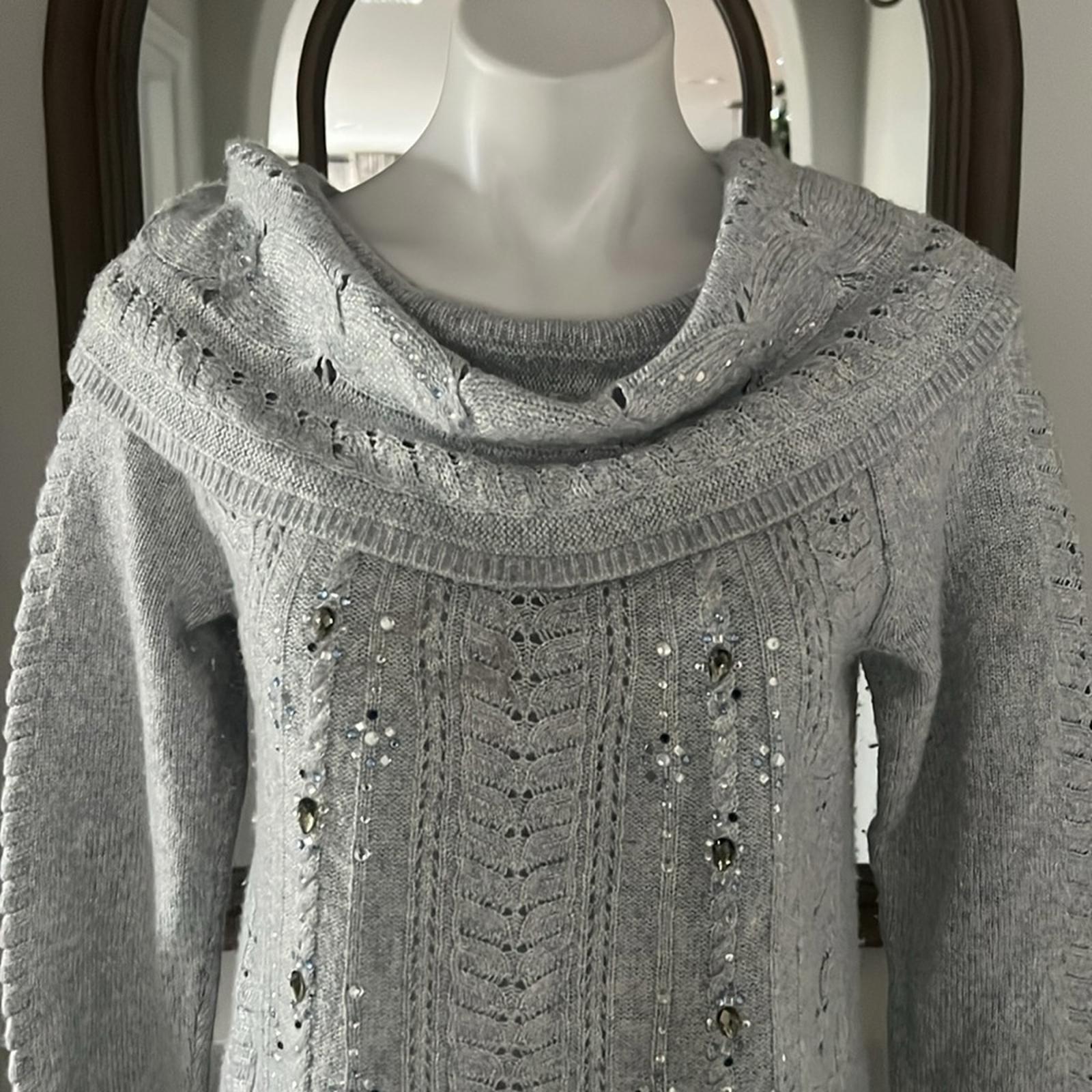 WHBM Embellished Cowl Neck Pullover in Heather Grey, Size L EXCELLENT!
