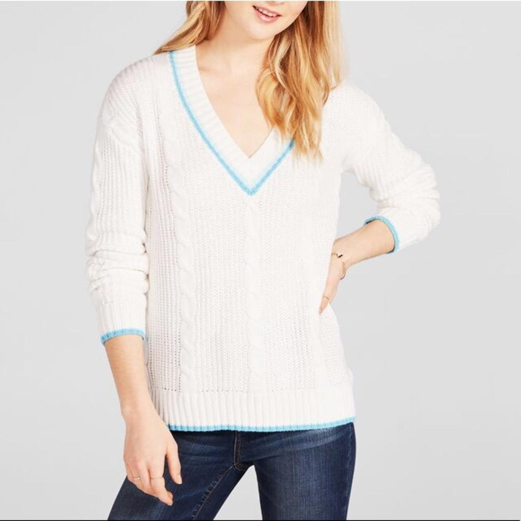 Prince & Fox Knit V-Neck Cable Knit Sweater White w/Blue Trim, Size S New w/Tag