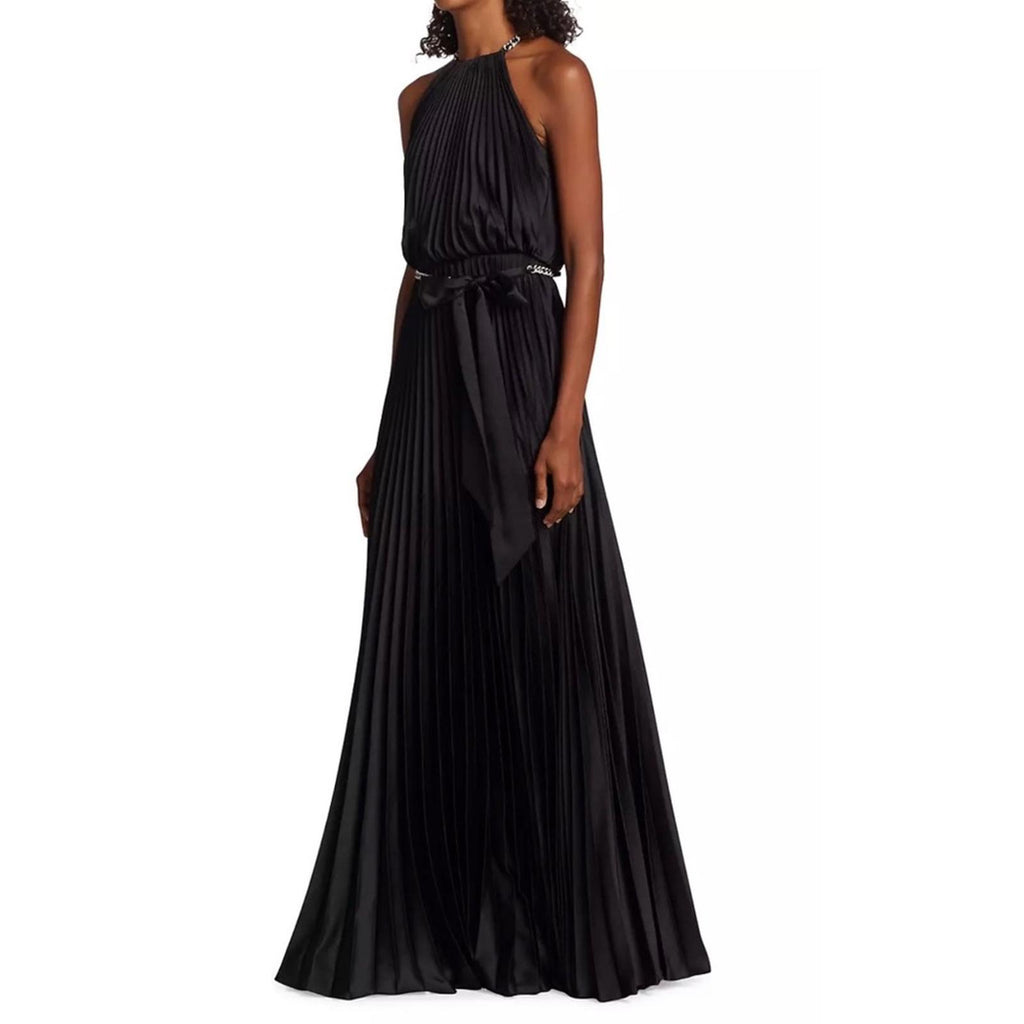ML Monique Lhuillier Satin Chain-Link Belt Pleated Gown, Black Size 8 NWT $695