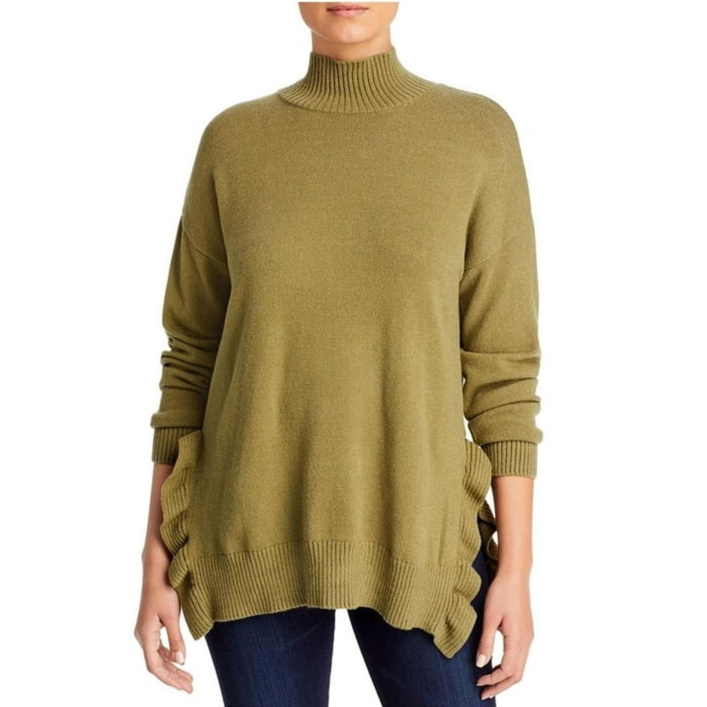 Cupio Ribbed Trim Ruffled Mock Turtleneck Sweater in Olive, Size L New w/Tag
