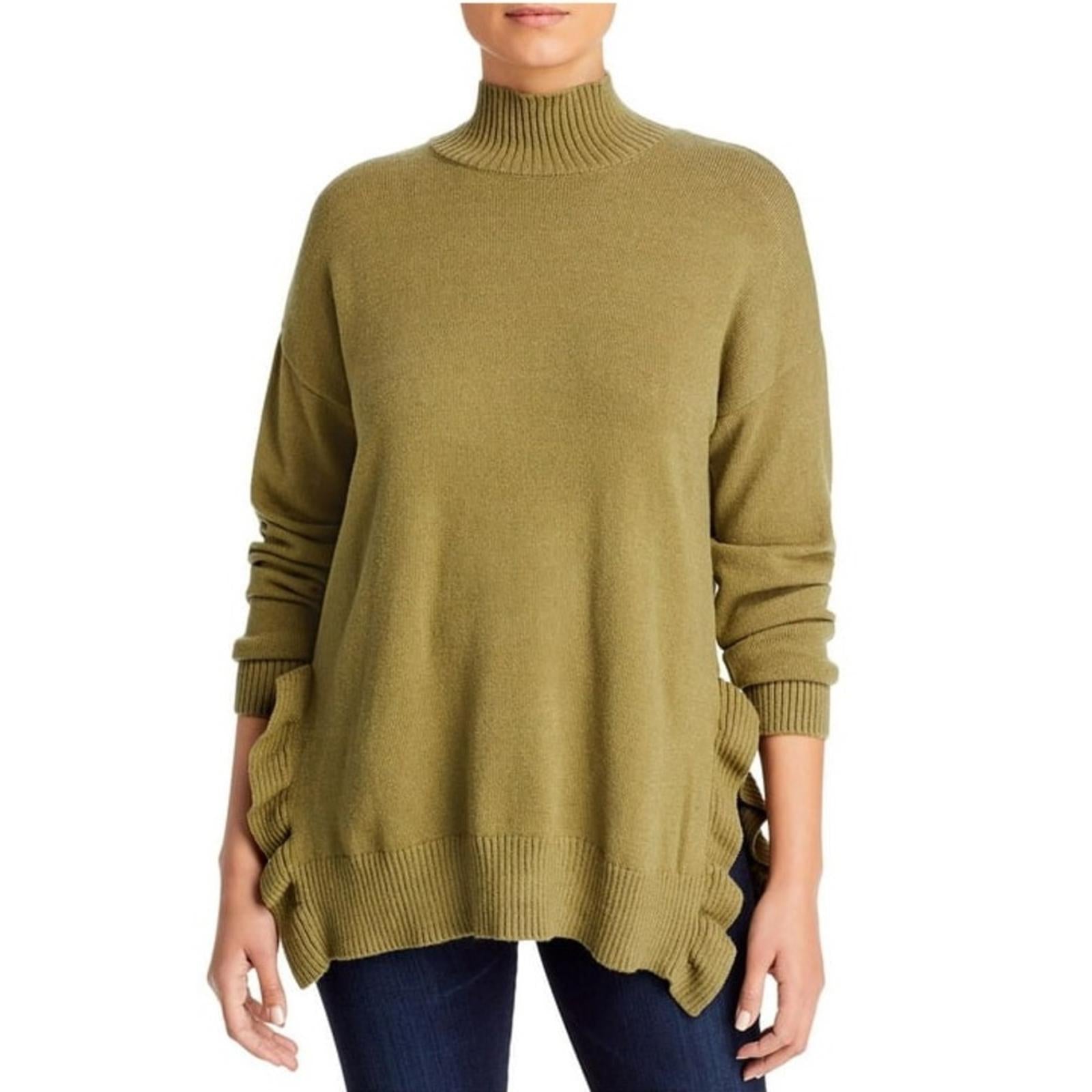 Cupio Ribbed Trim Ruffled Mock Turtleneck Sweater in Olive, Size L New w/Tag
