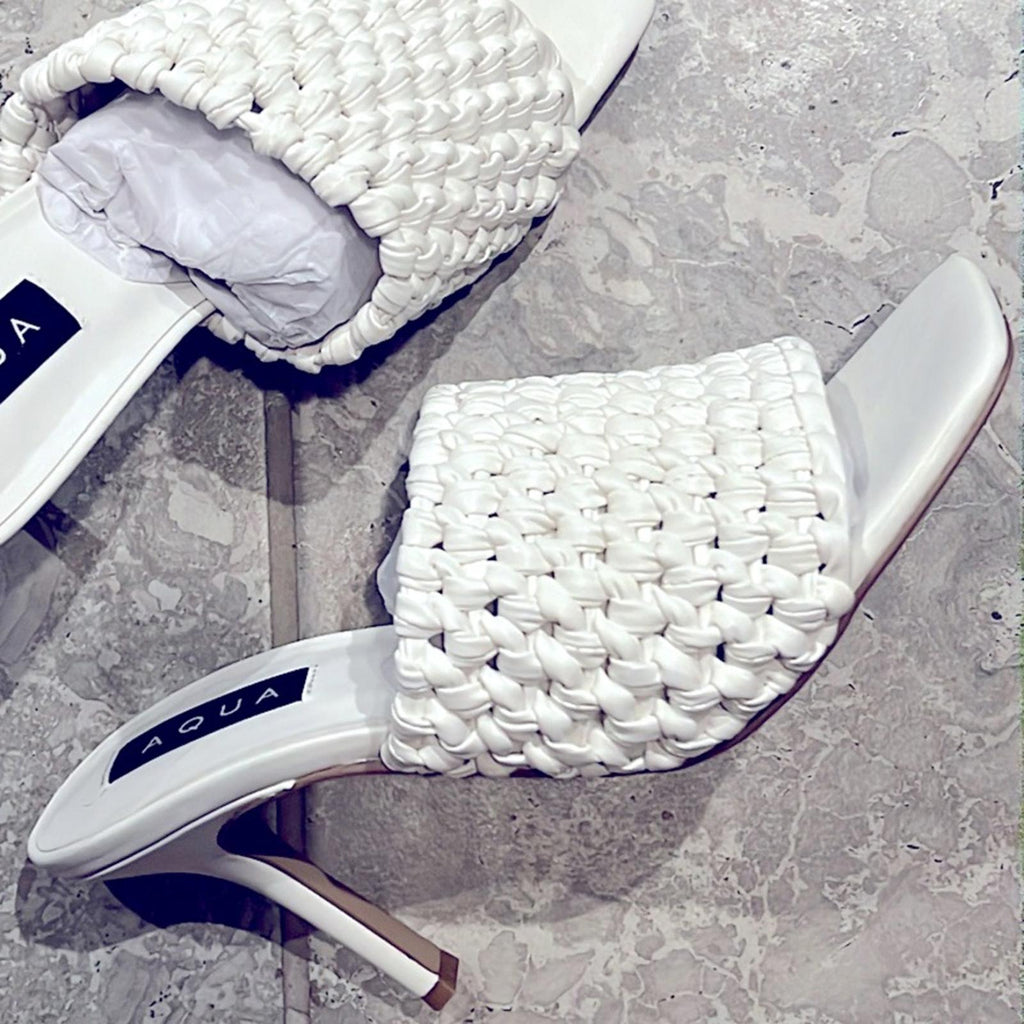 Aqua Padded Woven Katy Square Toe Stiletto Heeled Sandals in White, Size 10 NEW