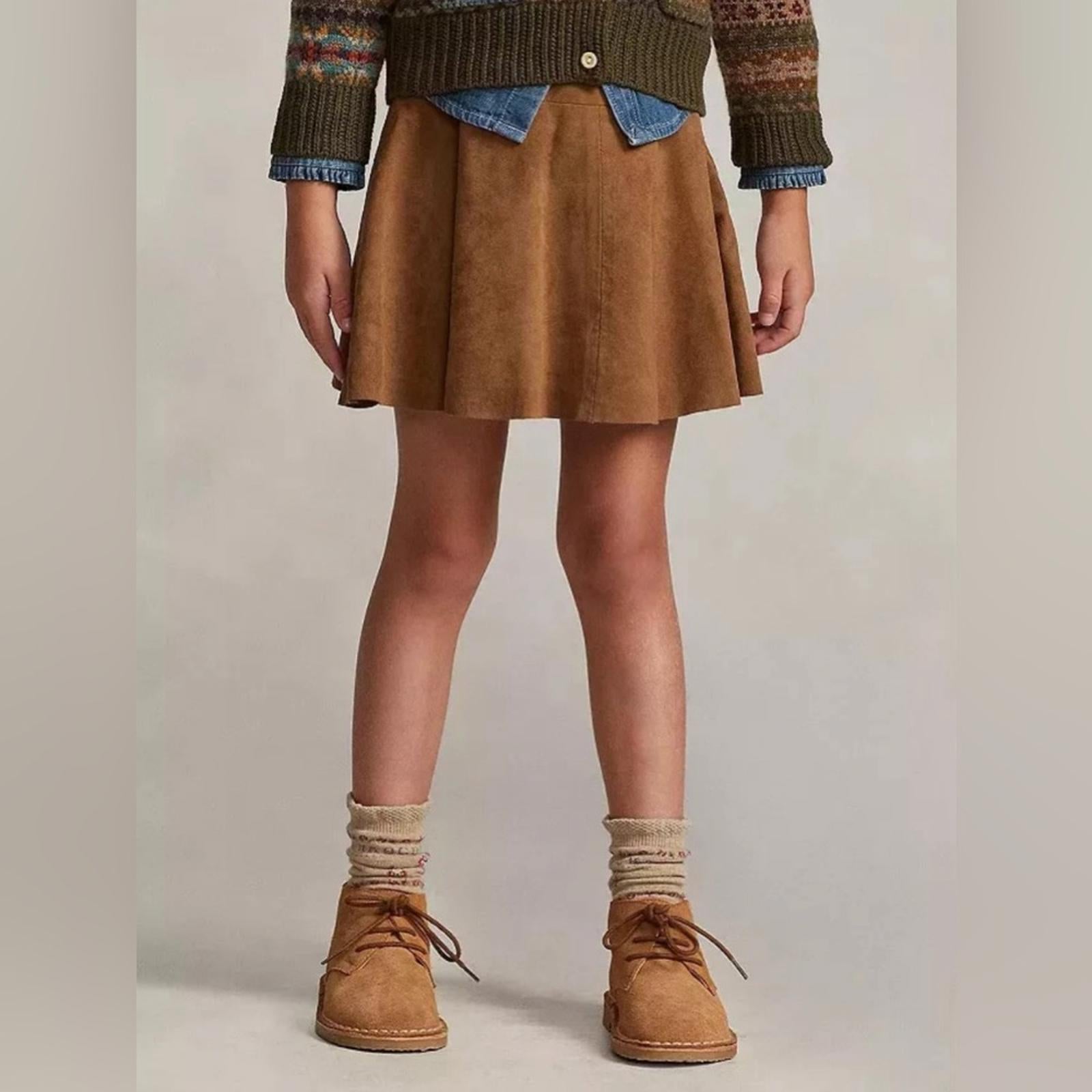 Polo Ralph Lauren Goat-Suede Leather Skirt Girls' Size 3, Maple New w/Tag $245