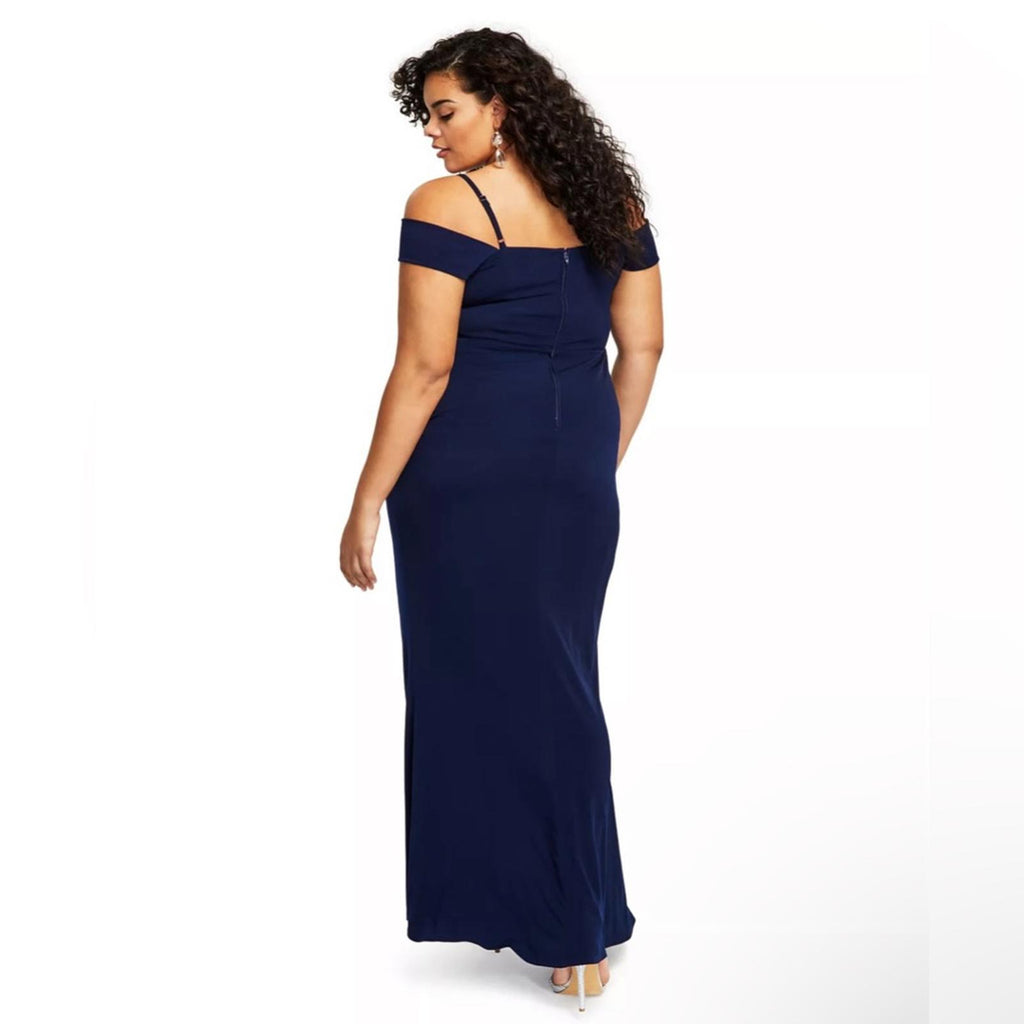 City Studios Trendy Off-The-Shoulder Slit Gown, Navy/Rose Size 16W New w/Tag $99