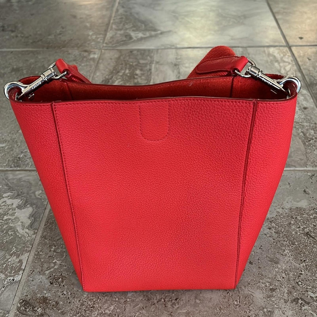 Celine Sangle Small Bucket Bag in Small Grain Calfskin in Red, Like NEW