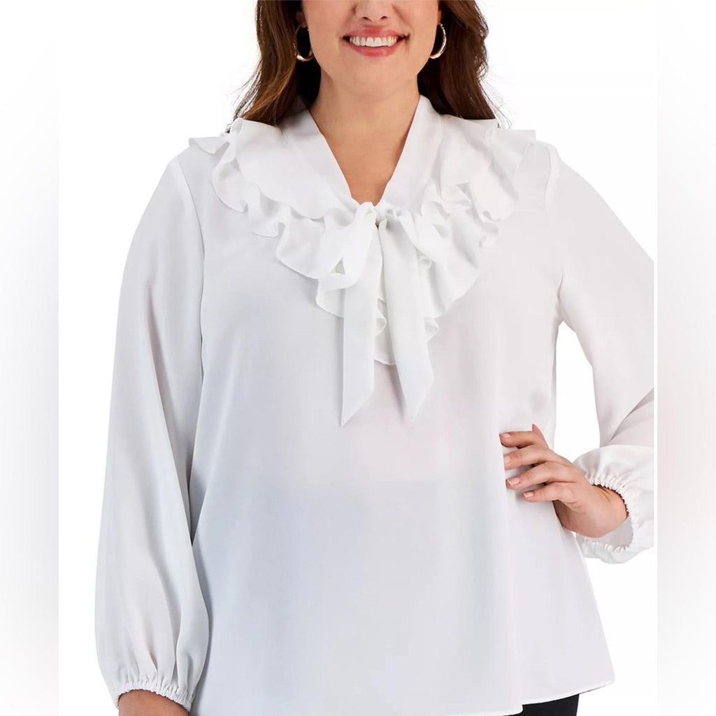 KASPER Ruffled Tie-Neck Blouse, Lily White, Plus Size 2X New w/Tag $89 SOLD OUT