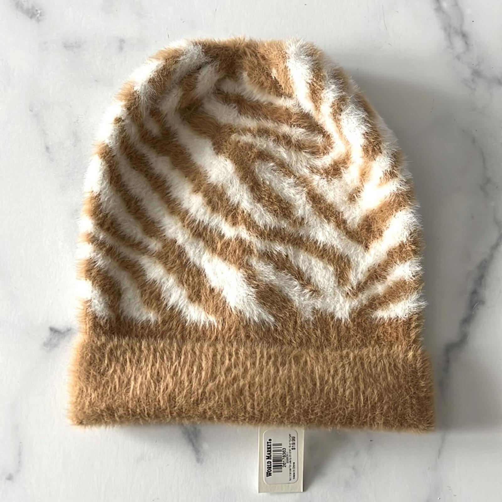 NEW Fur Animal Print Beanie Hat, Tan & White New w/Tag