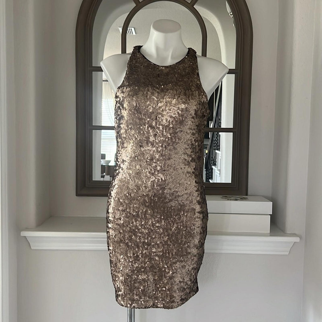 Dynamite Robe à Paillettes Bodycon Sequin Dress, Matte Bronze, Size M New w/Tag