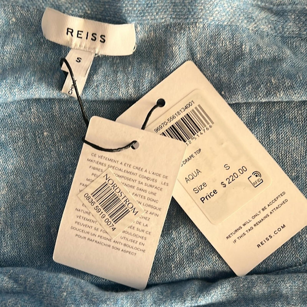 REISS Flo Draped One-Shoulder Top in Aqua Blue, Size S New w/Tag Retail $220