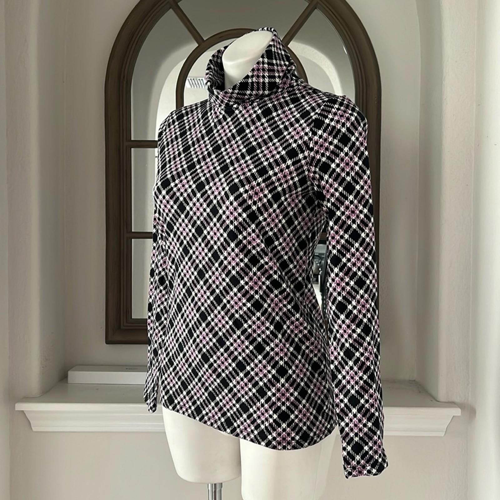 NEW Talbots Cotton Turtleneck Bias Plaid Top Black/Purple Size S New w/o Tag