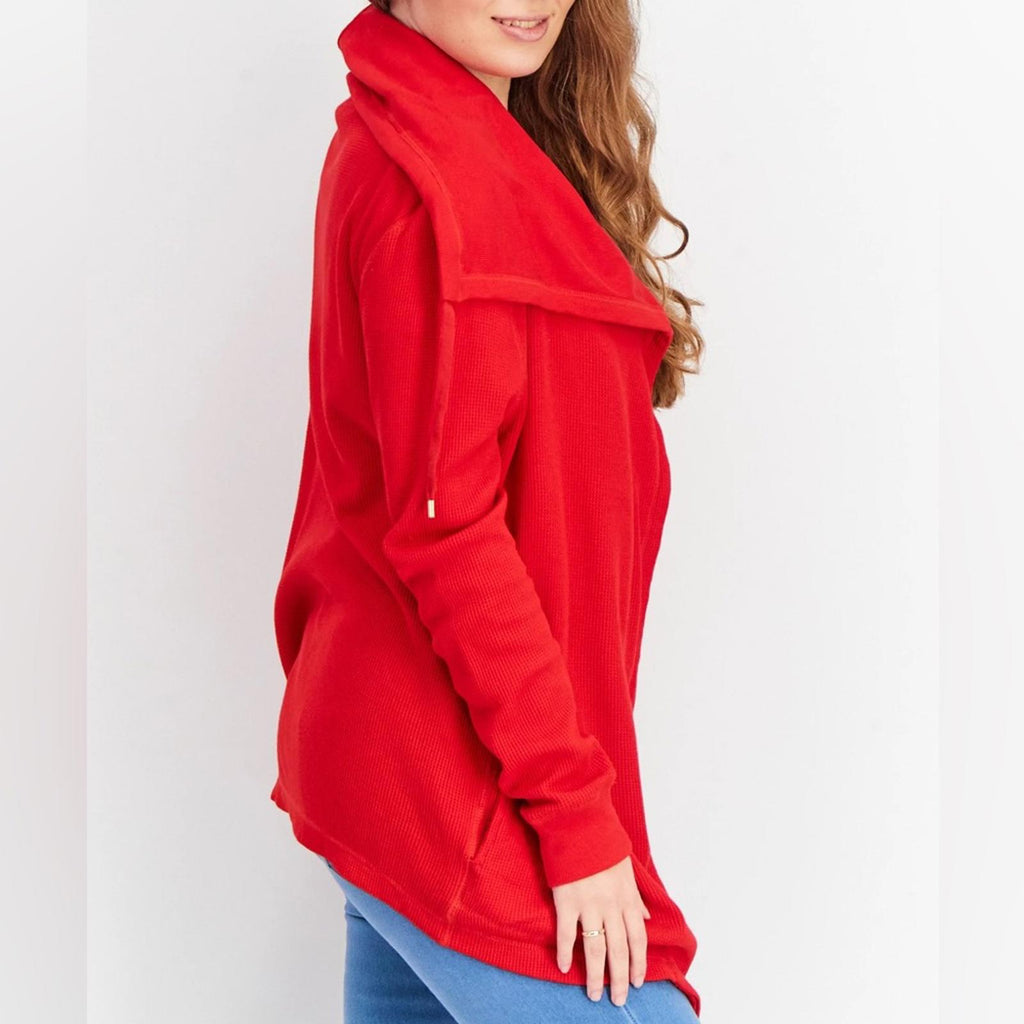 Lauren Ralph Lauren RED Thermal Tie Hooded Waffle Knit Cardigan Size XL NEW