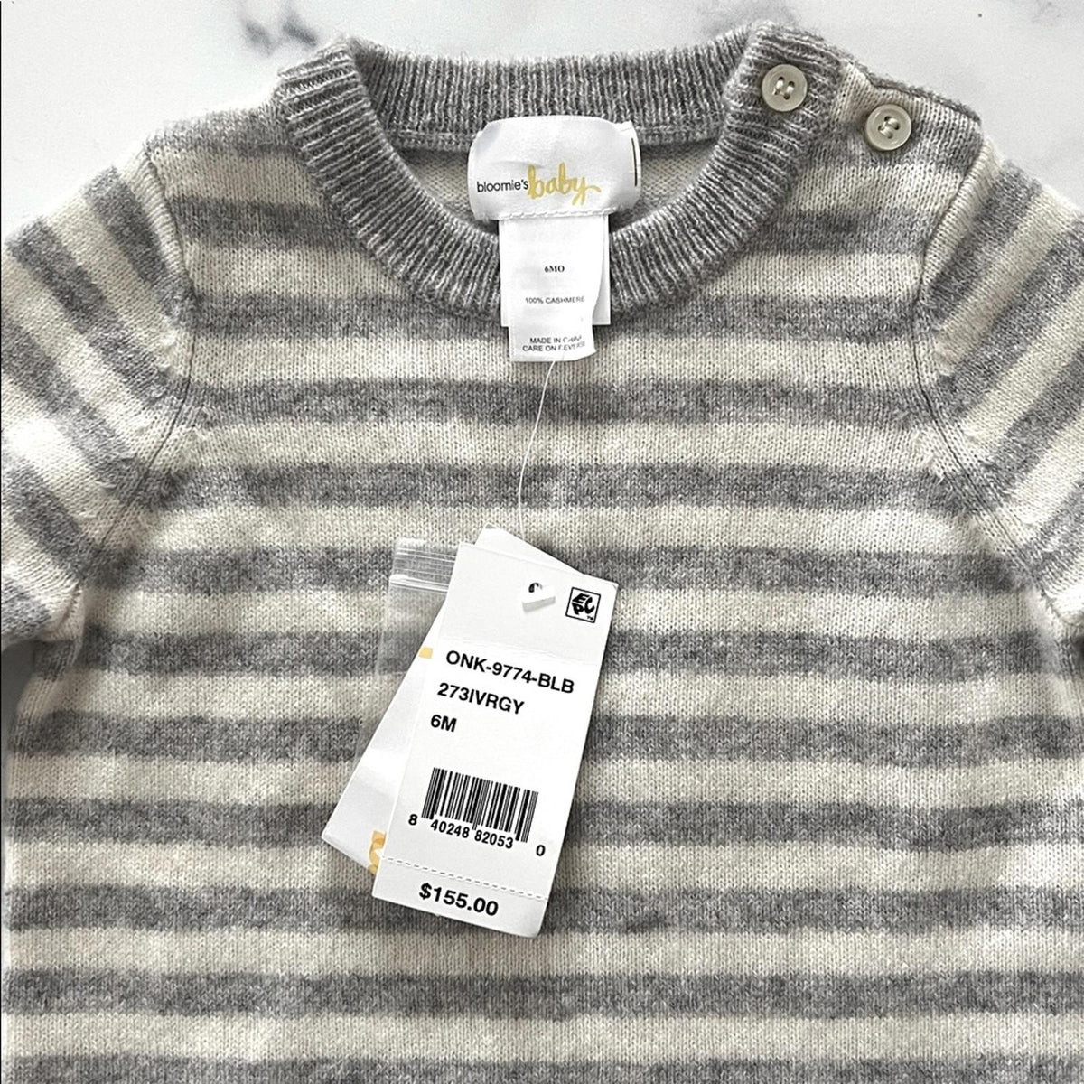 Bloomie's Baby Ivory Grey Stripe Cashmere Coverall, Size 6M, NEW w/Tag $155