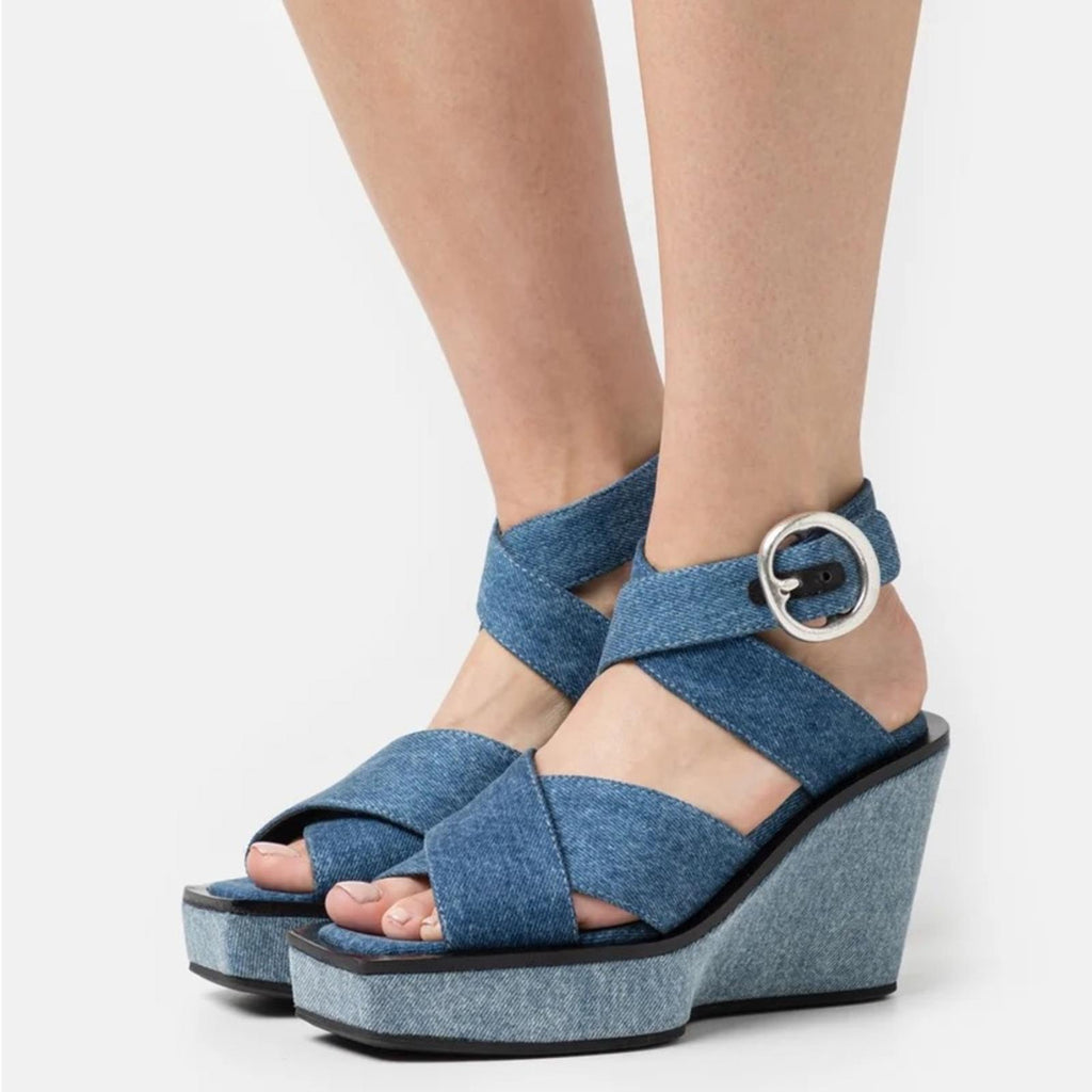 Rag & Bone Santiago Ankle Strap Platform Wedge Sandals Denim, Size 8.5/38.5 NWT