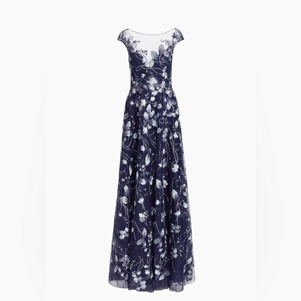 Teri Jon Embroidered Mesh Gown in Navy/Silver, NWT, Size 16