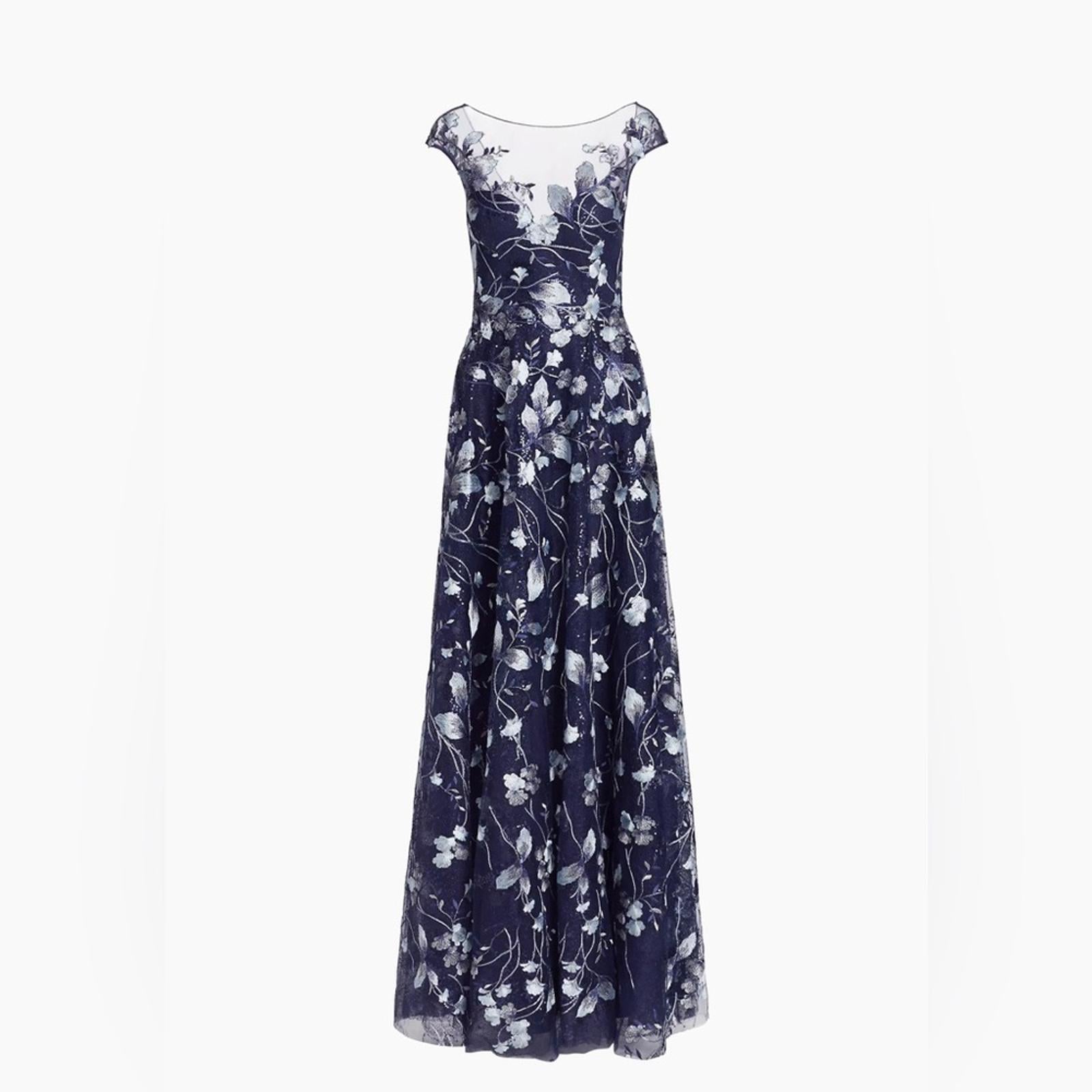 Teri Jon Embroidered Mesh Gown in Navy/Silver, NWT, Size 16