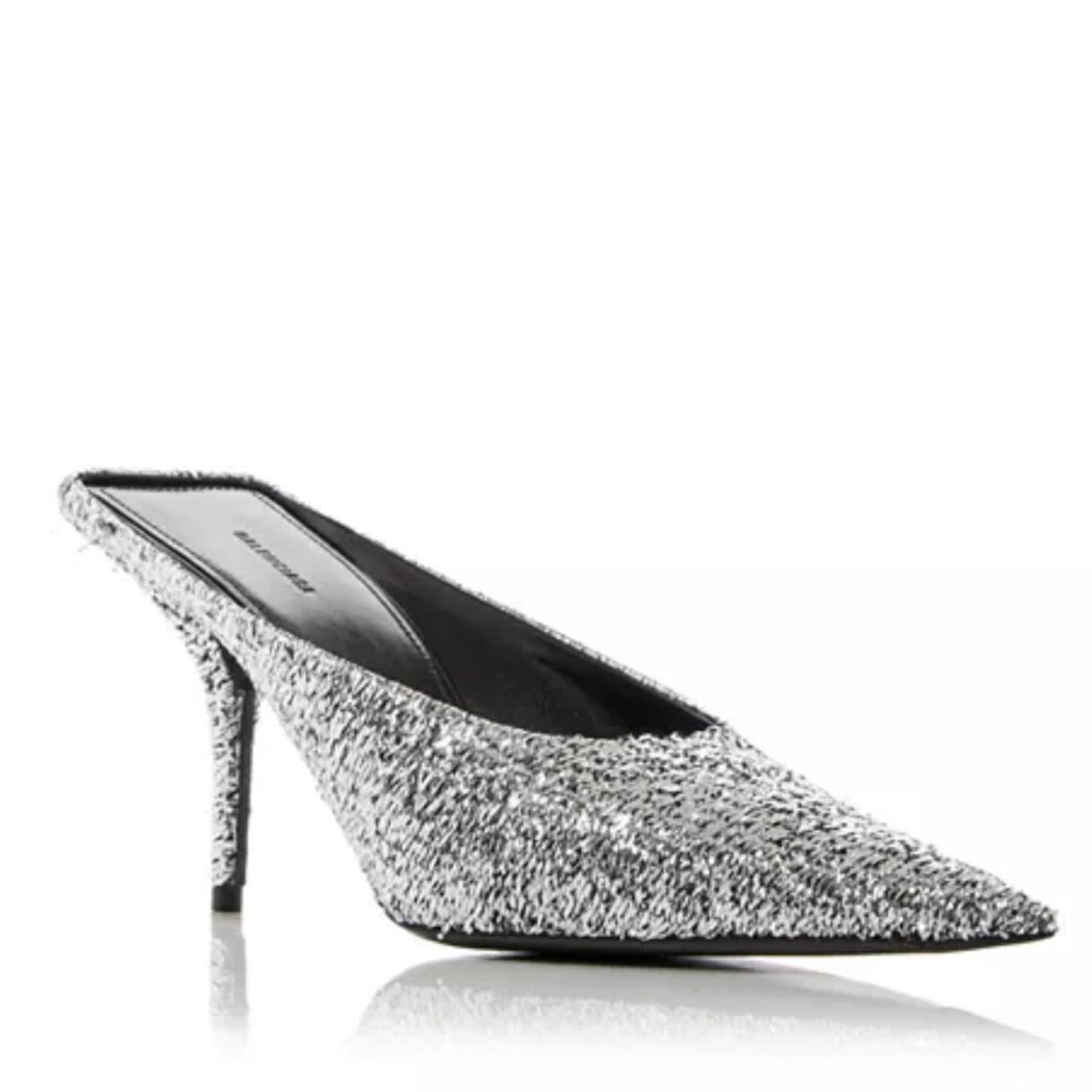 Balenciaga Knife Glitter High Heel Mules in Silver Titanium Size 36 New in Box