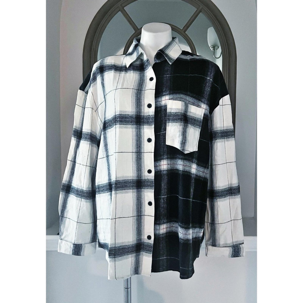 NEW LOOK Plaid Button Up Shirt in Black & White Size 1X New w/Tag