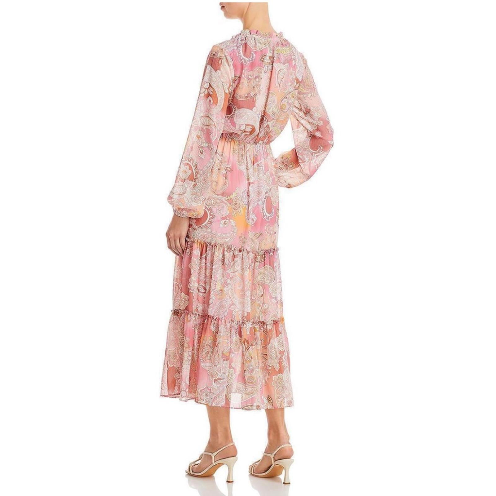 Aqua Chiffon Printed Tiered Maxi Dress, Pink Multi Size S New w/Tag Retail $118