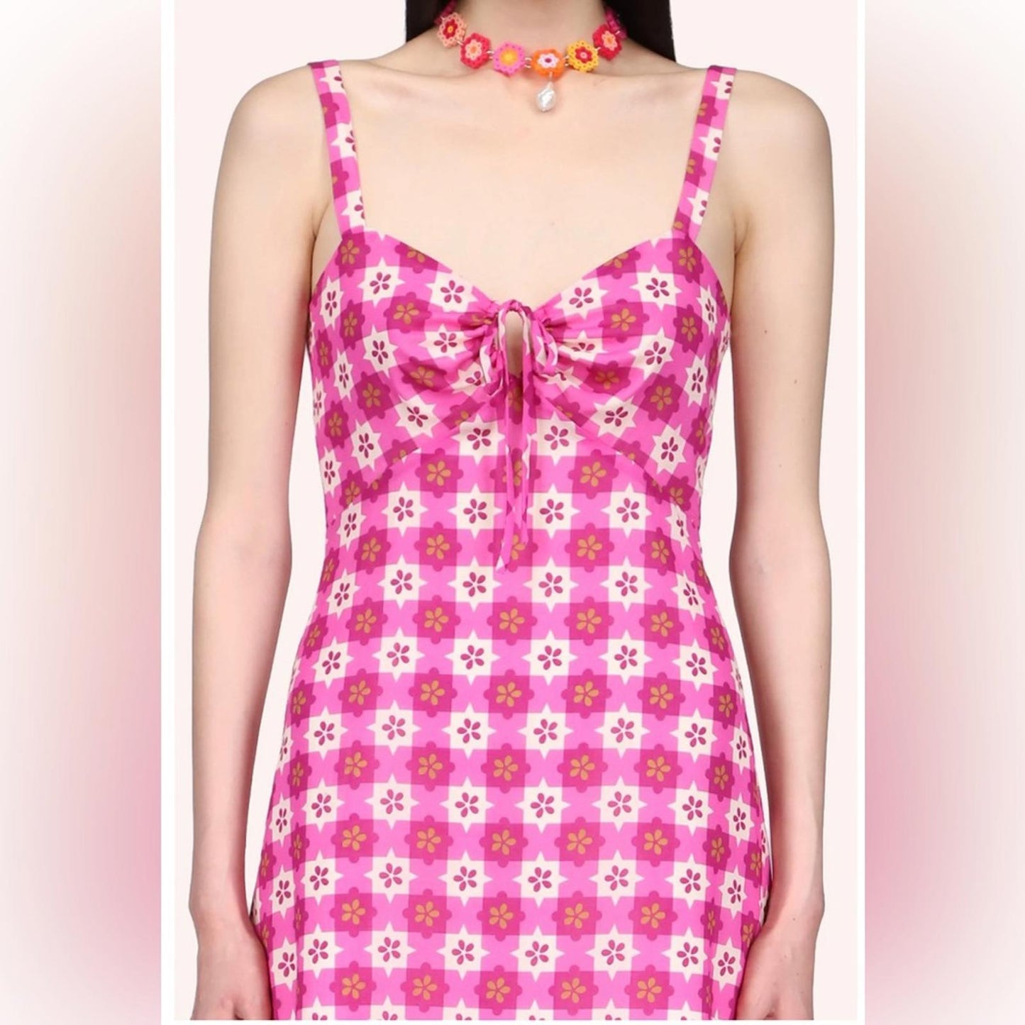 $518 Anna Sui Utopian Gingham Cotton Slip Dress in Neon Pink, Size 2