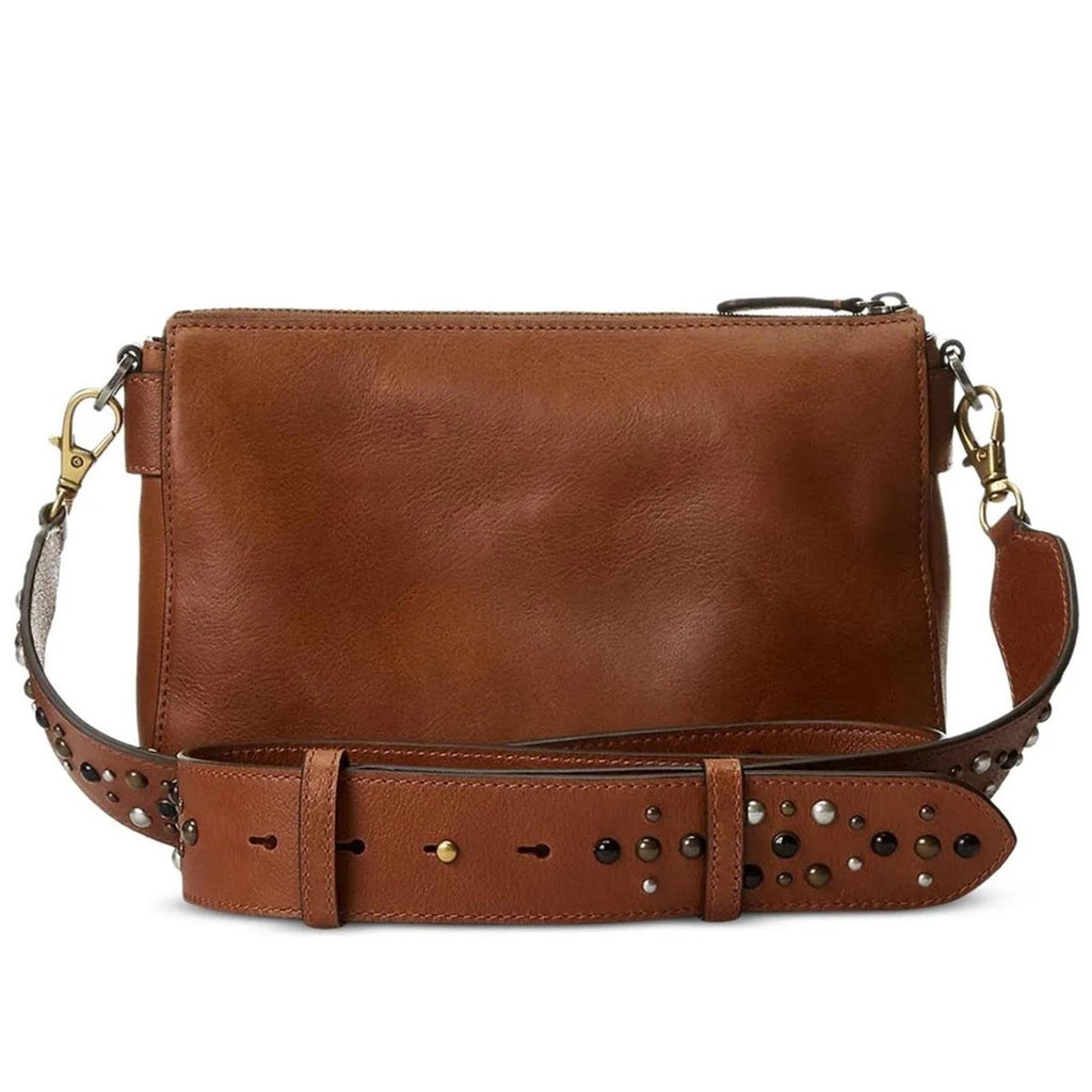 Ralph Lauren Studded Leather Noa Crossbody with Front Pockets, Brown, New w/Tag