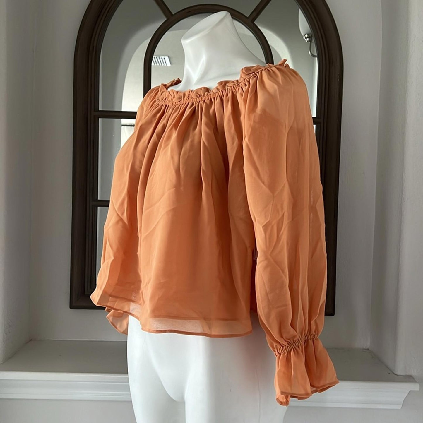 1.State xRevolve Off-The-Shoulder Peplum Blouse in Toasted Nut, New, Size S