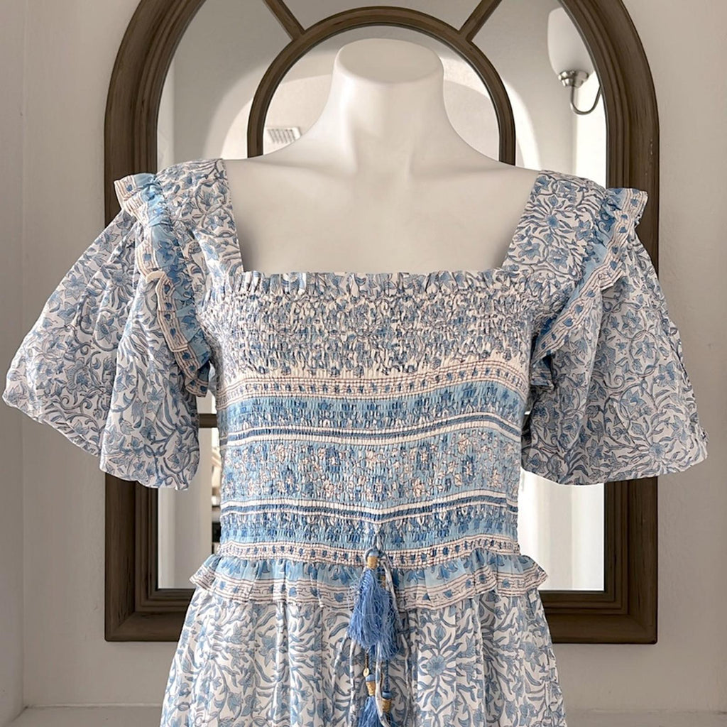 Bell Ashley Ruffled Puff Sleeve Midi Dress in Blue White, Size XL New w/Tag $408