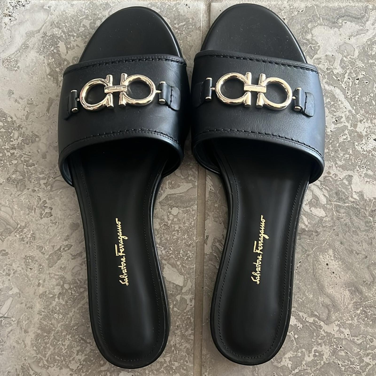 Salvatore Ferragamo Rhodes Slide Sandals in Black/Silver-Tone, NWT, Size 10.5