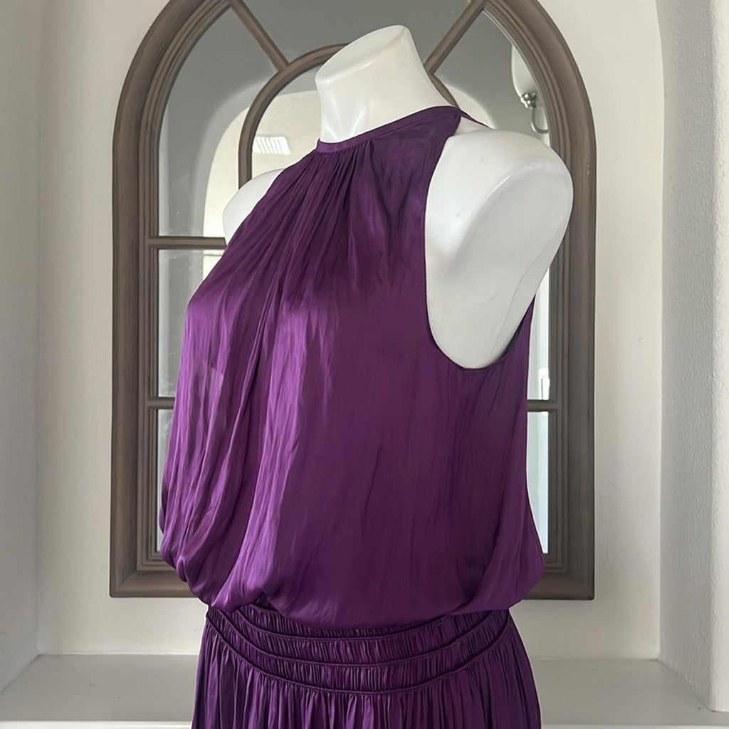 Ramy Brook Shiny Audrey Sleeveless Blouson Dress in Purple Size L New w/Tag $445