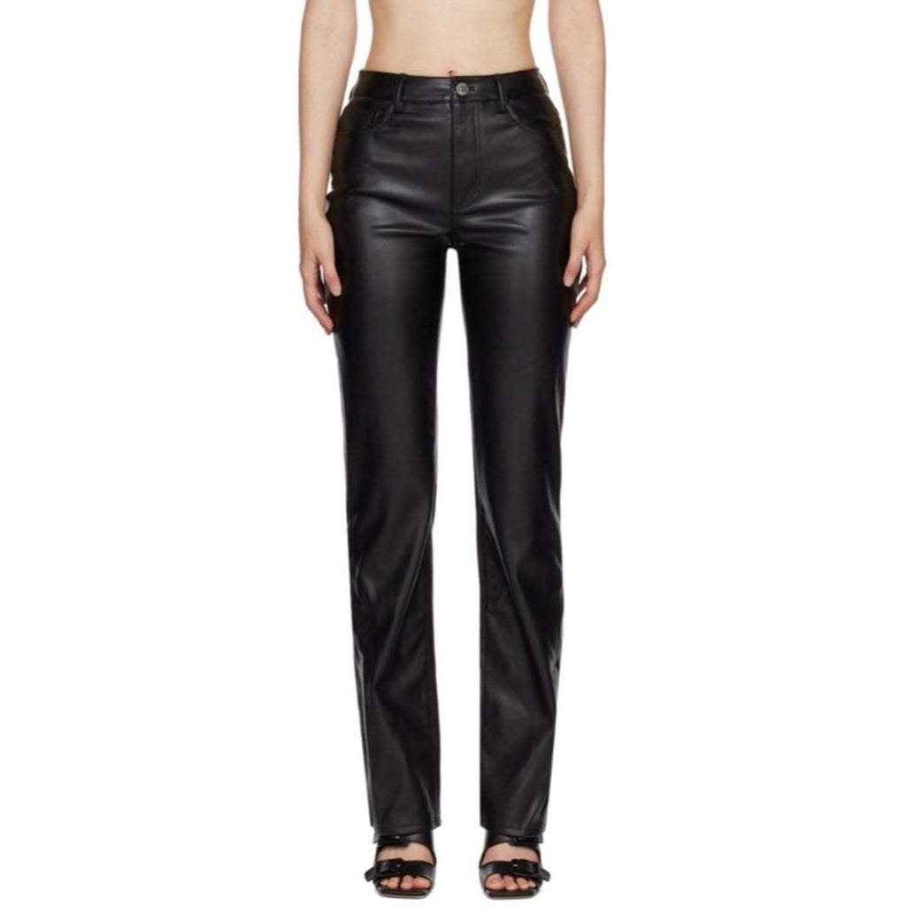 Staud Chisel Vegan Leather Straight-Leg Pants, Black High Waist Size 12 NEW $350