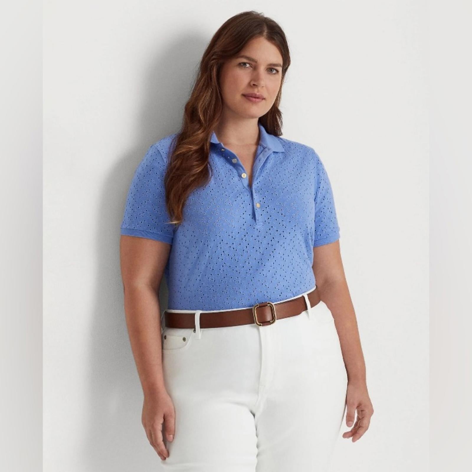 Lauren Ralph Lauren Blue Eyelet Logo Short Sleeve Collared Polo Top Size 1X NWT