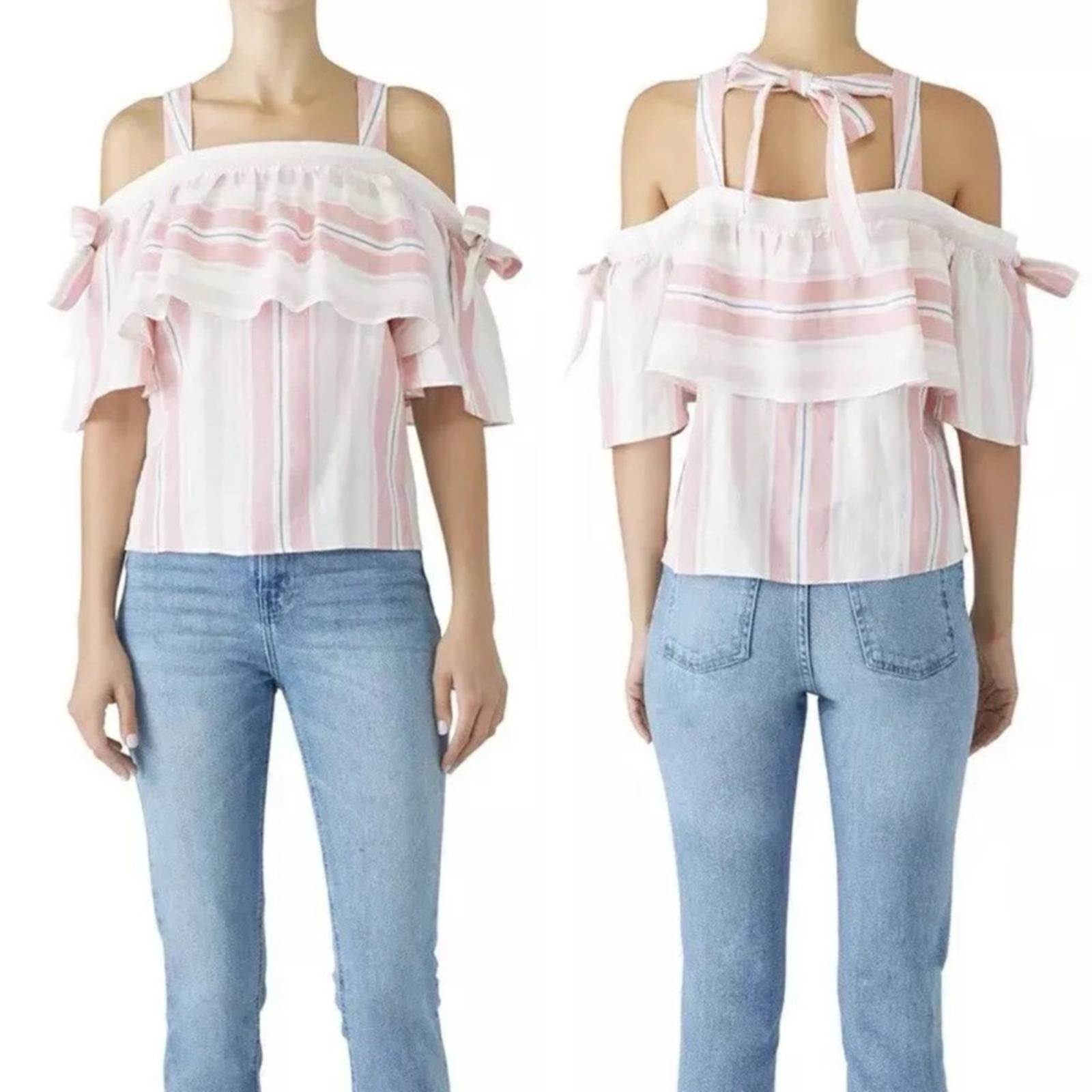 Parker 100% Linen Striped Scotlyn Off-the-Shoulder Top, Pink/White Size S Retail