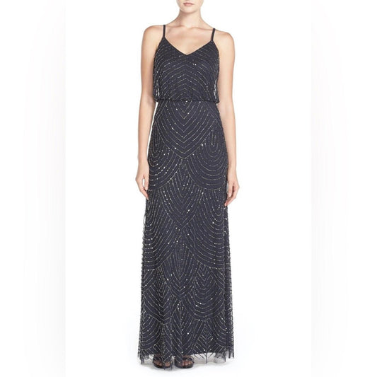 Adrianna Papell Art Deco Beaded Blouson Gown, Navy w/Silver Sequins Size 4